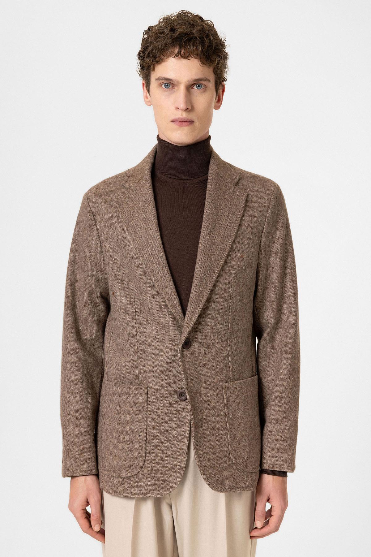 Antioch-Kahve Slim Fit Balıksırtı Desenli Erkek Blazer Ceket-Blazer Ceket-2-Milagron.com