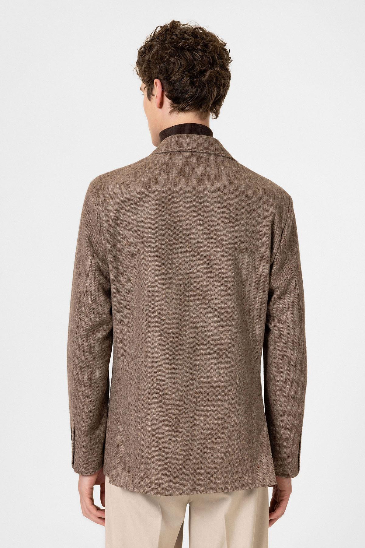 Antioch-Kahve Slim Fit Balıksırtı Desenli Erkek Blazer Ceket-Blazer Ceket-6-Milagron.com