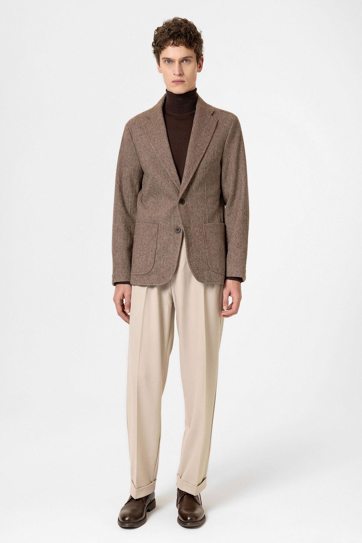 Antioch-Kahve Slim Fit Balıksırtı Desenli Erkek Blazer Ceket-Ceket-2-Milagron.com