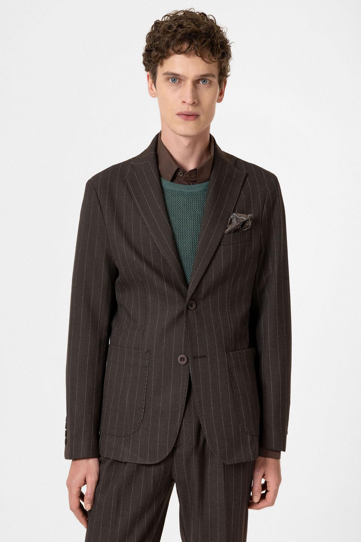 Antioch-Kahve Slim Fit Çizgili Erkek Blazer Ceket-Ceket-1-Milagron.com