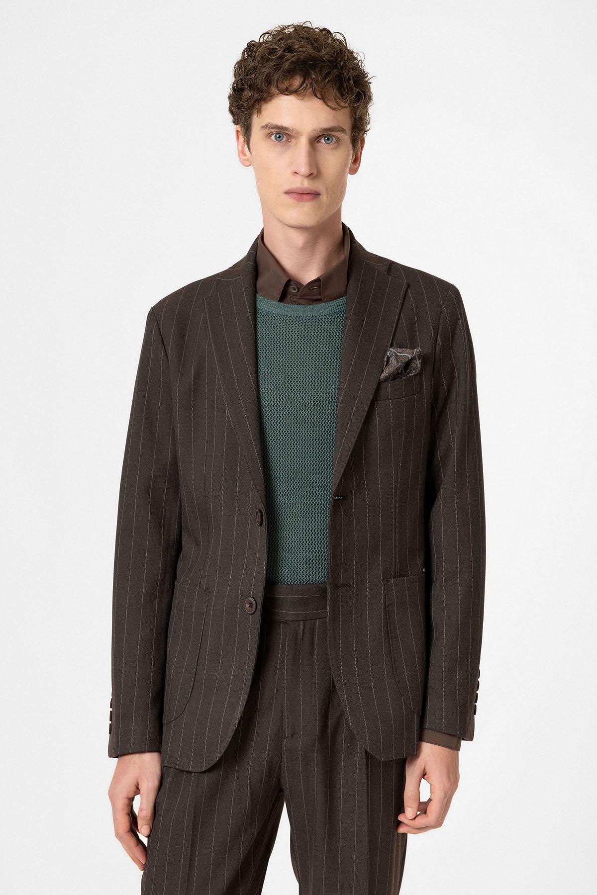 Antioch-Kahve Slim Fit Çizgili Erkek Blazer Ceket-Ceket-5-Milagron.com