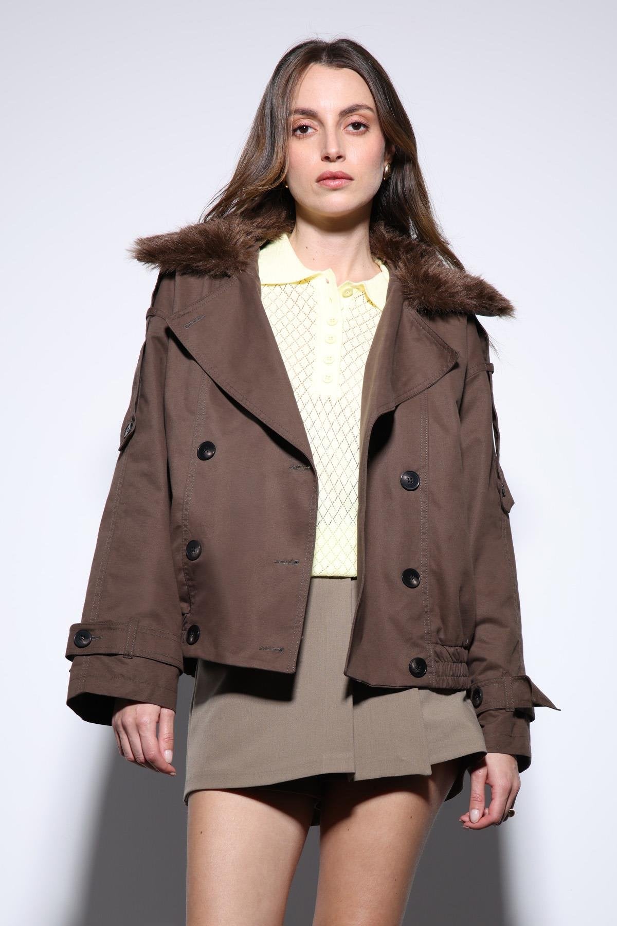 Antioch-Kahve Suni Kürklü Kısa Kadın Trençkot-Trençkot-1-Milagron.com