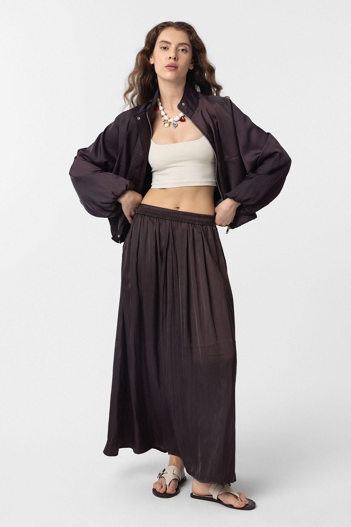 Antioch-Kahve Uzun Dökümlü Pilili Kadın Etek-Etek-2-Milagron.com