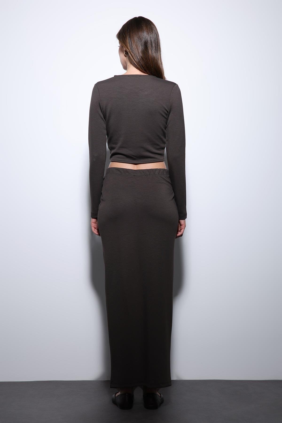 Antioch-Kahve Yırtmaç Detaylı Kadın Etek Takım-Takım-7-Milagron.com