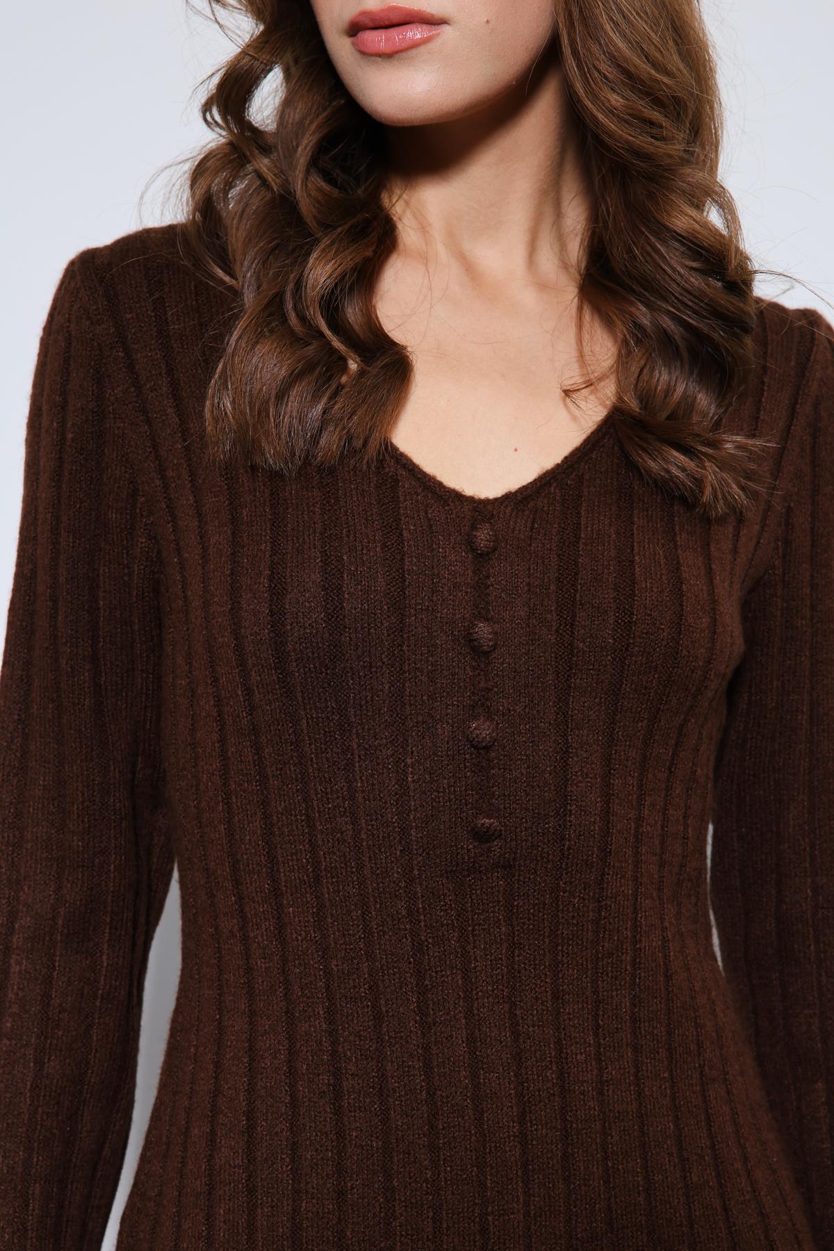 Antioch-Kahve Yırtmaç Detaylı Triko Elbise-Elbise-10-Milagron.com