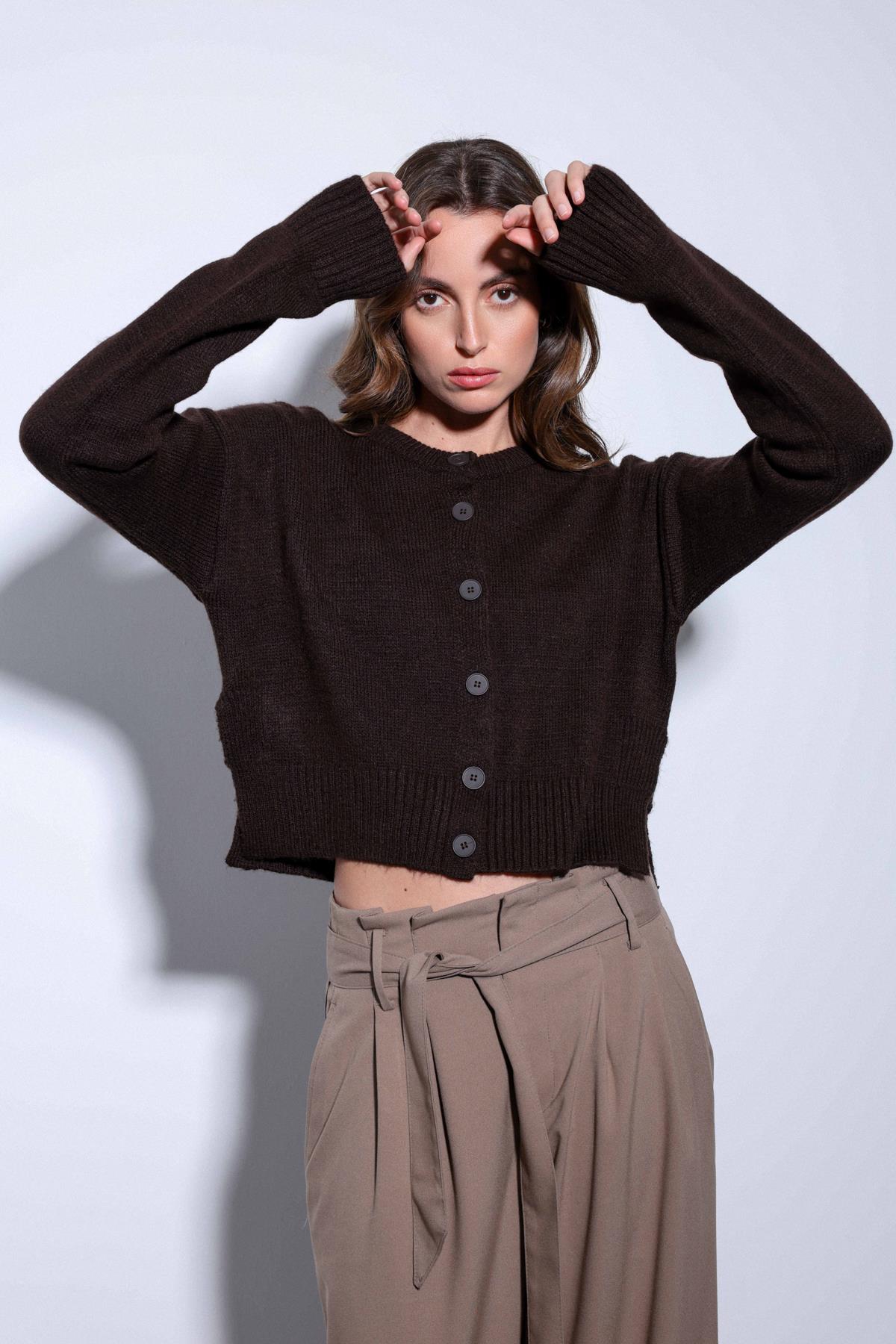 Antioch-Antioch Kahve Yırtmaçlı örgü Triko Kadın Kazak-Kazak-1-Milagron.com