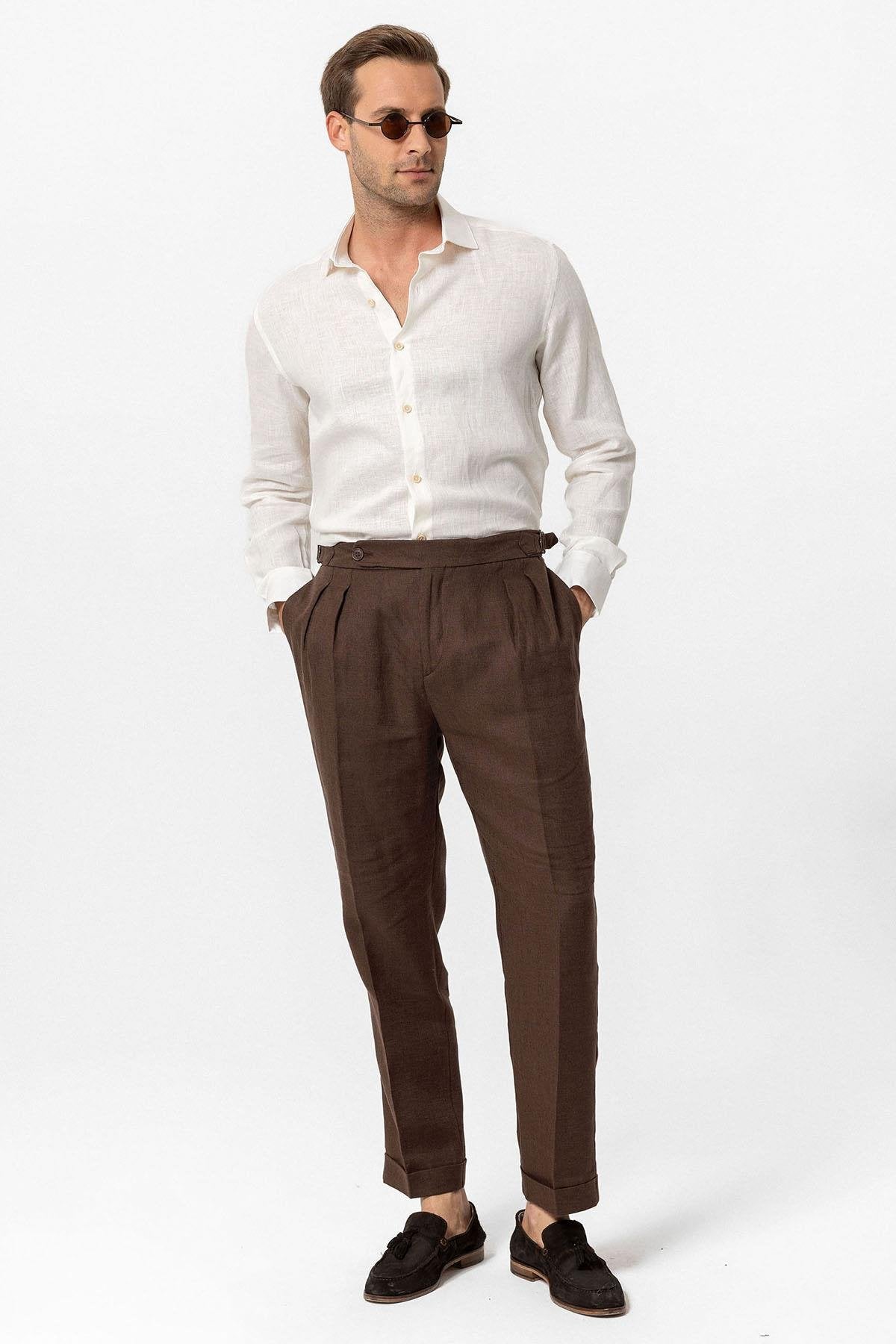 Antioch-Kahve Yüksek Bel %100 Keten Pileli Erkek Pantolon-Kumaş Pantolon-3-Milagron.com