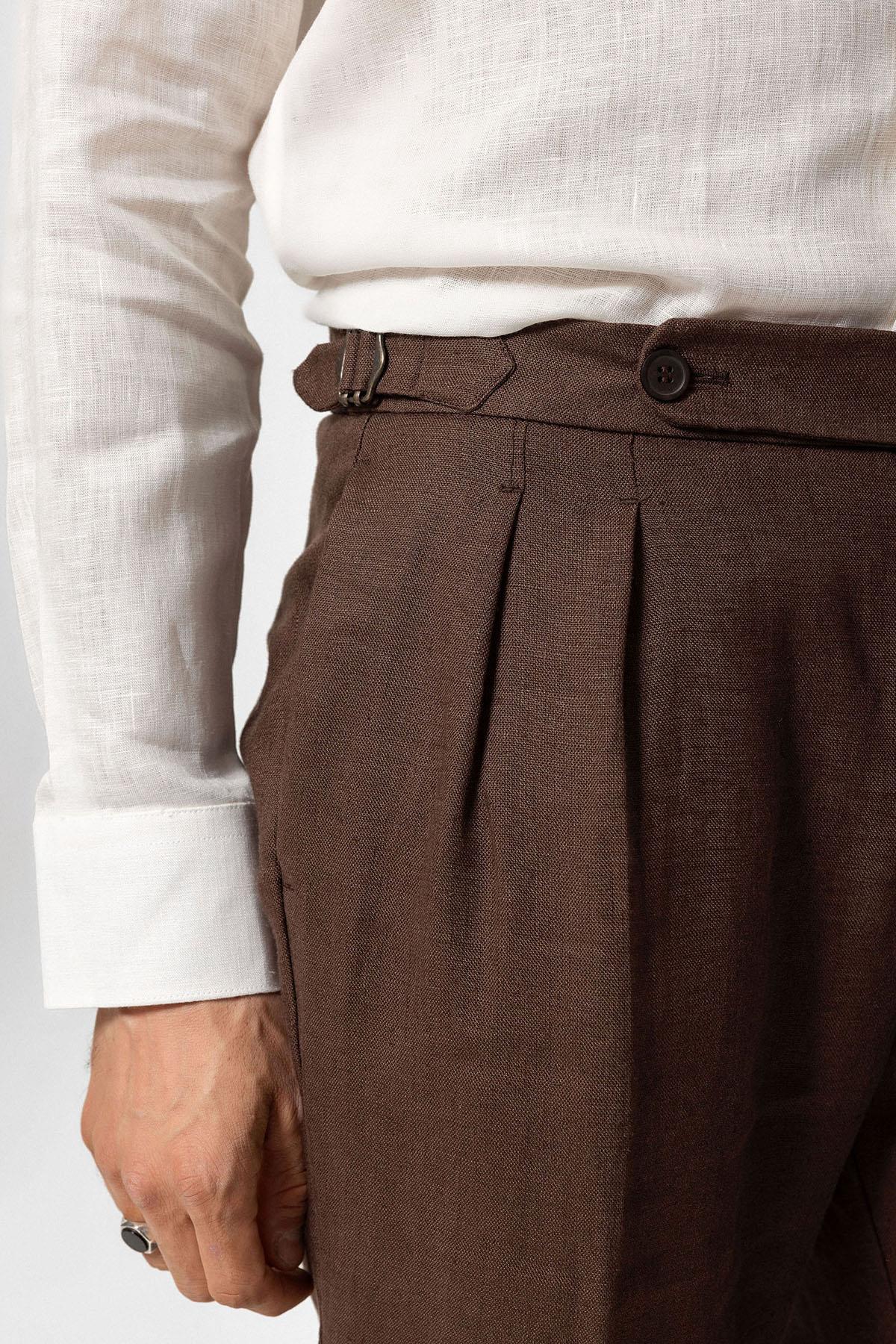 Antioch-Kahve Yüksek Bel %100 Keten Pileli Erkek Pantolon-Kumaş Pantolon-5-Milagron.com