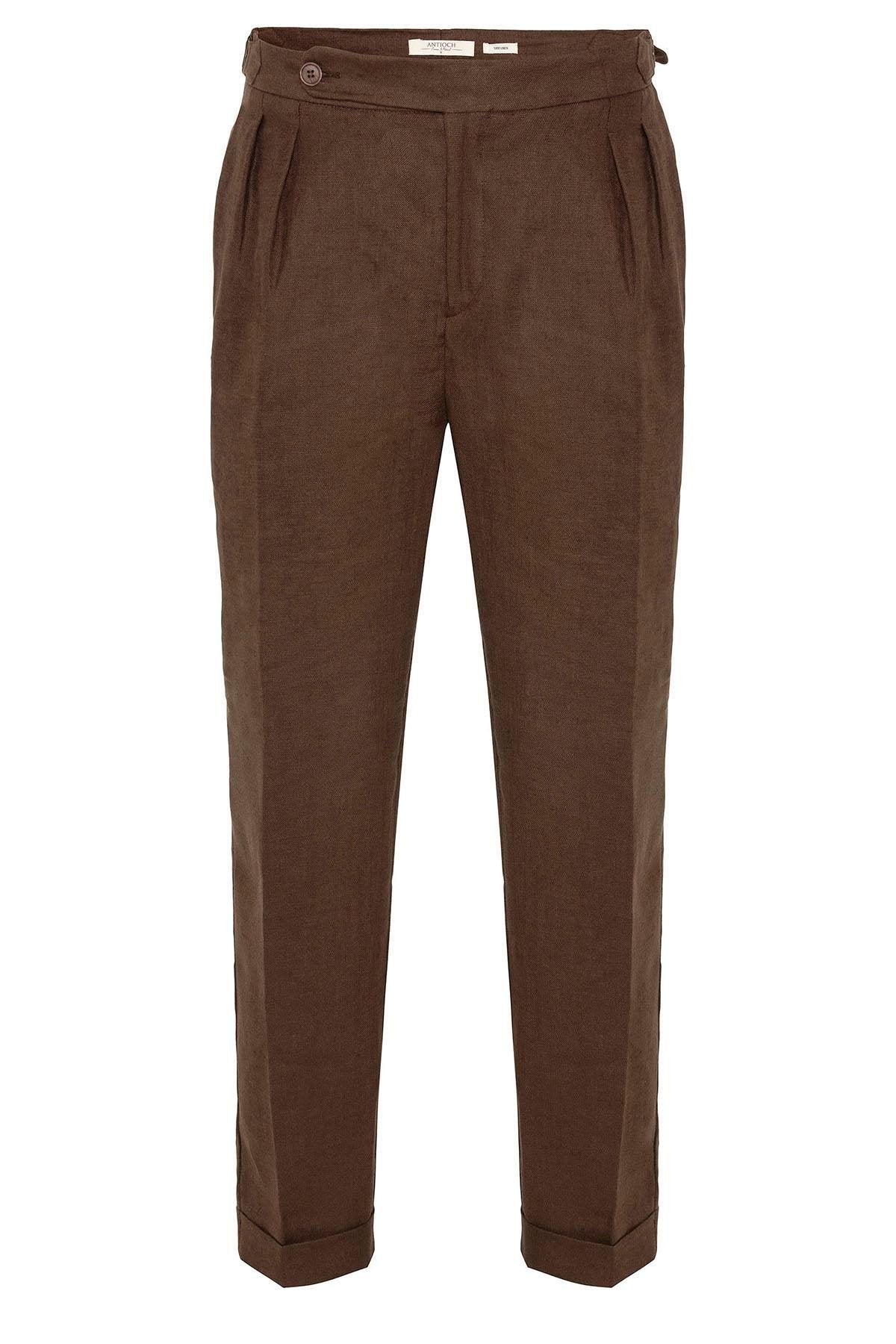 Antioch-Kahve Yüksek Bel %100 Keten Pileli Erkek Pantolon-Kumaş Pantolon-7-Milagron.com