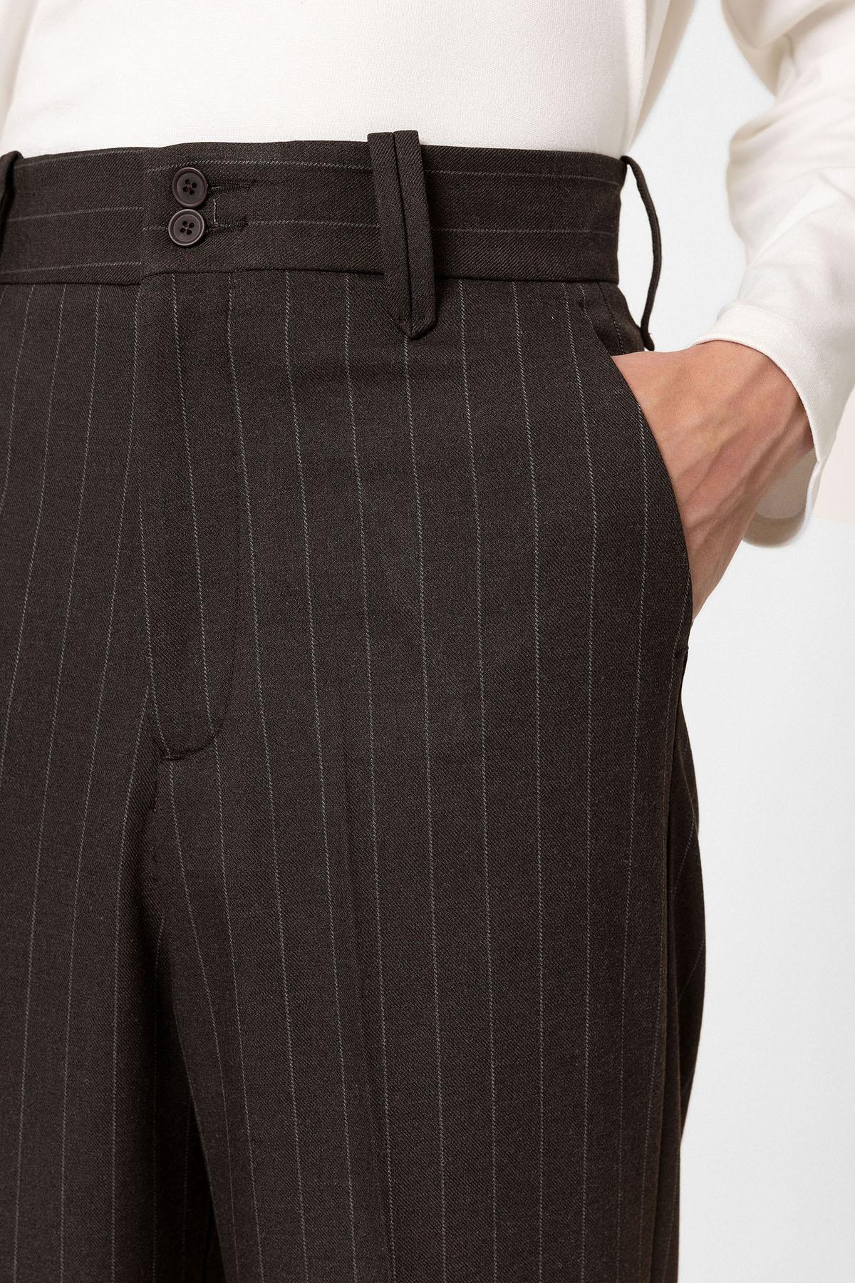 Antioch-Kahve Yüksek Bel Çizgili Relaxed Fit Erkek Pantolon-Kumaş Pantolon-3-Milagron.com