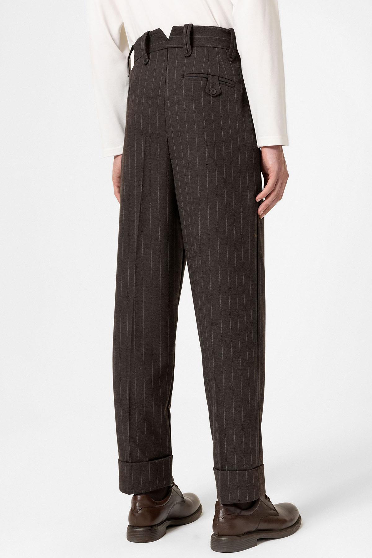 Antioch-Kahve Yüksek Bel Çizgili Relaxed Fit Erkek Pantolon-Kumaş Pantolon-4-Milagron.com