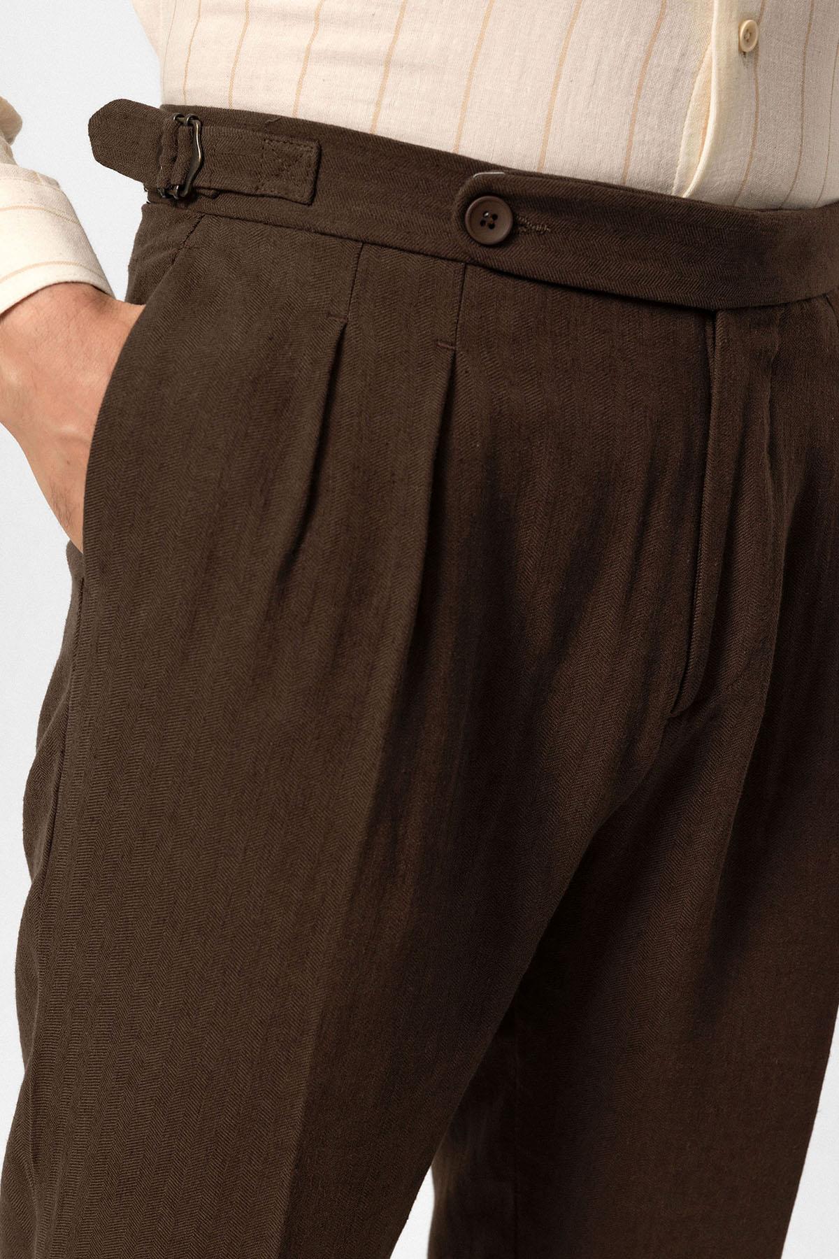 Antioch-Kahve Yüksek Bel Keten Karışımlı Duble Paça Erkek Pantolon-Pantolon-4-Milagron.com