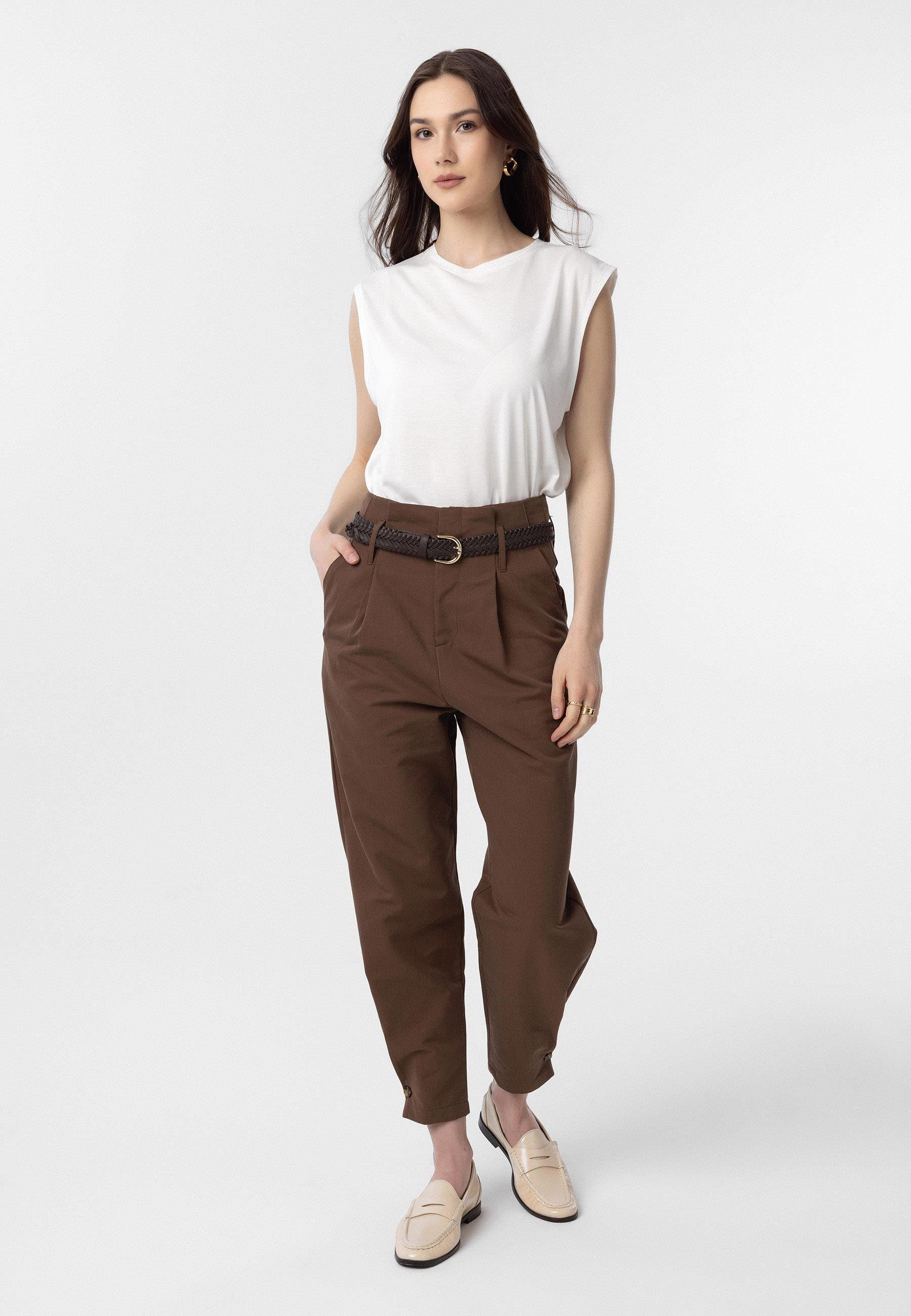 Antioch-Kahve Yüksek Bel Paçası Düğmeli Fit Kadın Pantolon-Kumaş Pantolon-4-Milagron.com