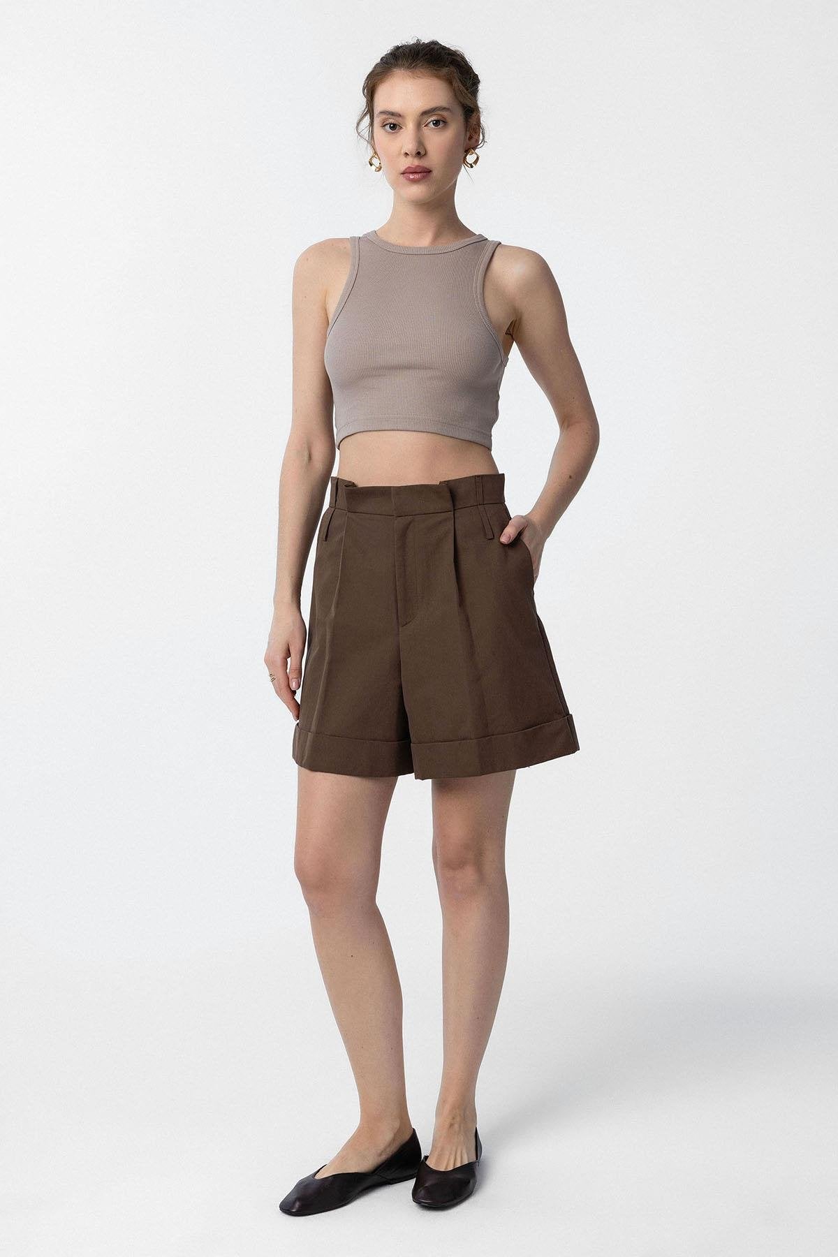 Antioch-Kahve Yüksek Bel Pensli Kadın Bermuda Şort-Şort-2-Milagron.com