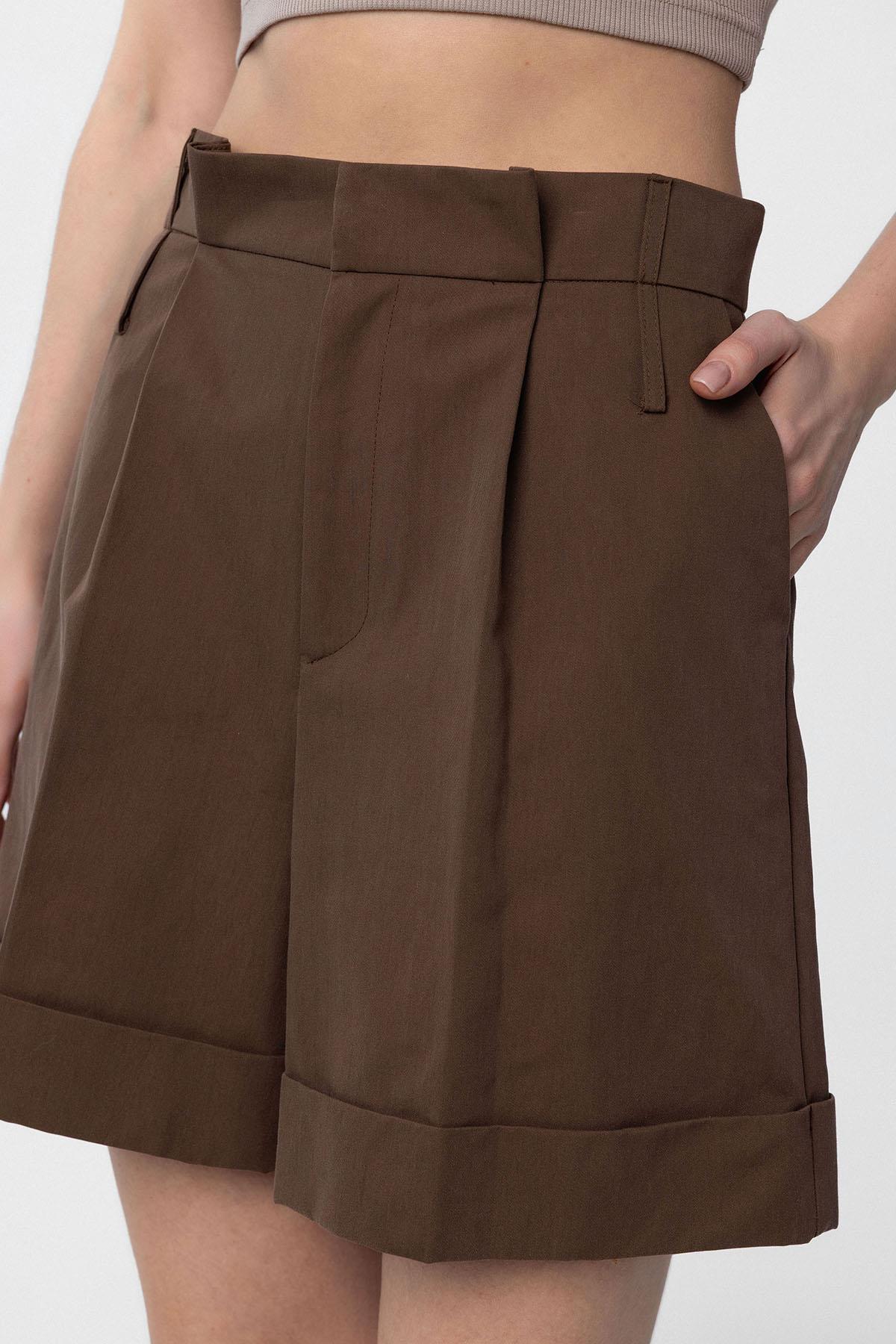 Antioch-Kahve Yüksek Bel Pensli Kadın Bermuda Şort-Şort-3-Milagron.com