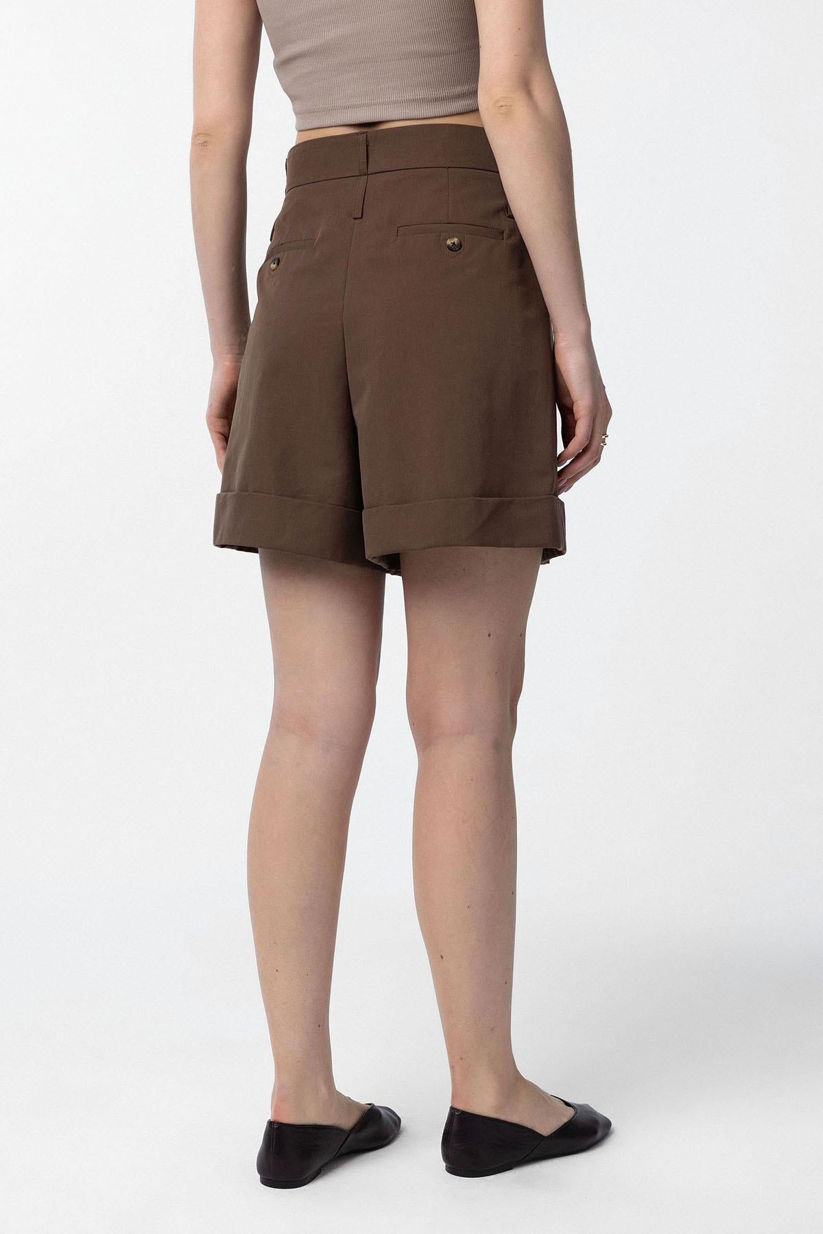 Antioch-Kahve Yüksek Bel Pensli Kadın Bermuda Şort-Şort-4-Milagron.com