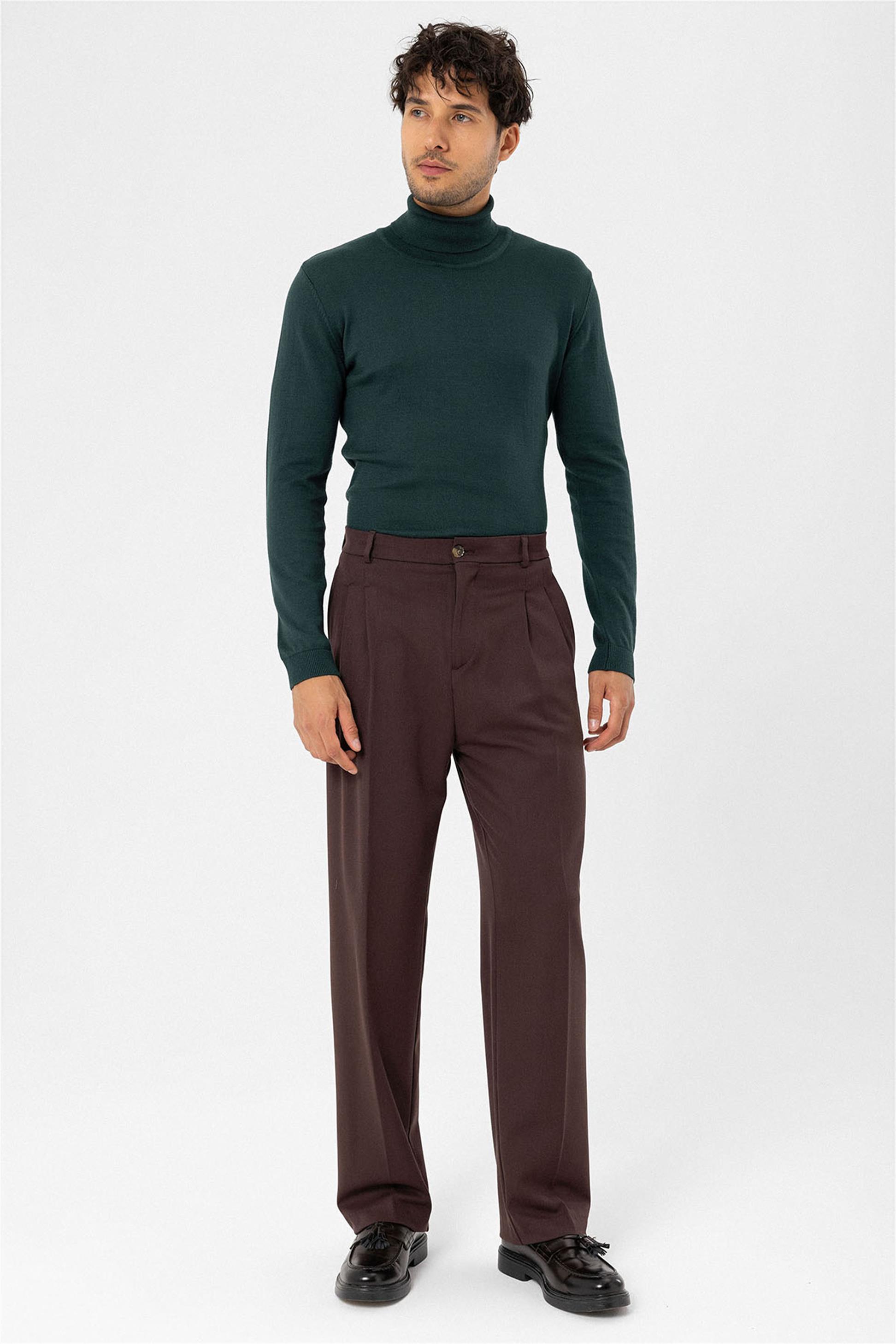 Antioch-Kahve Yüksek Bel Pileli Rahat Kalıp Erkek Pantolon-Pantolon-3-Milagron.com