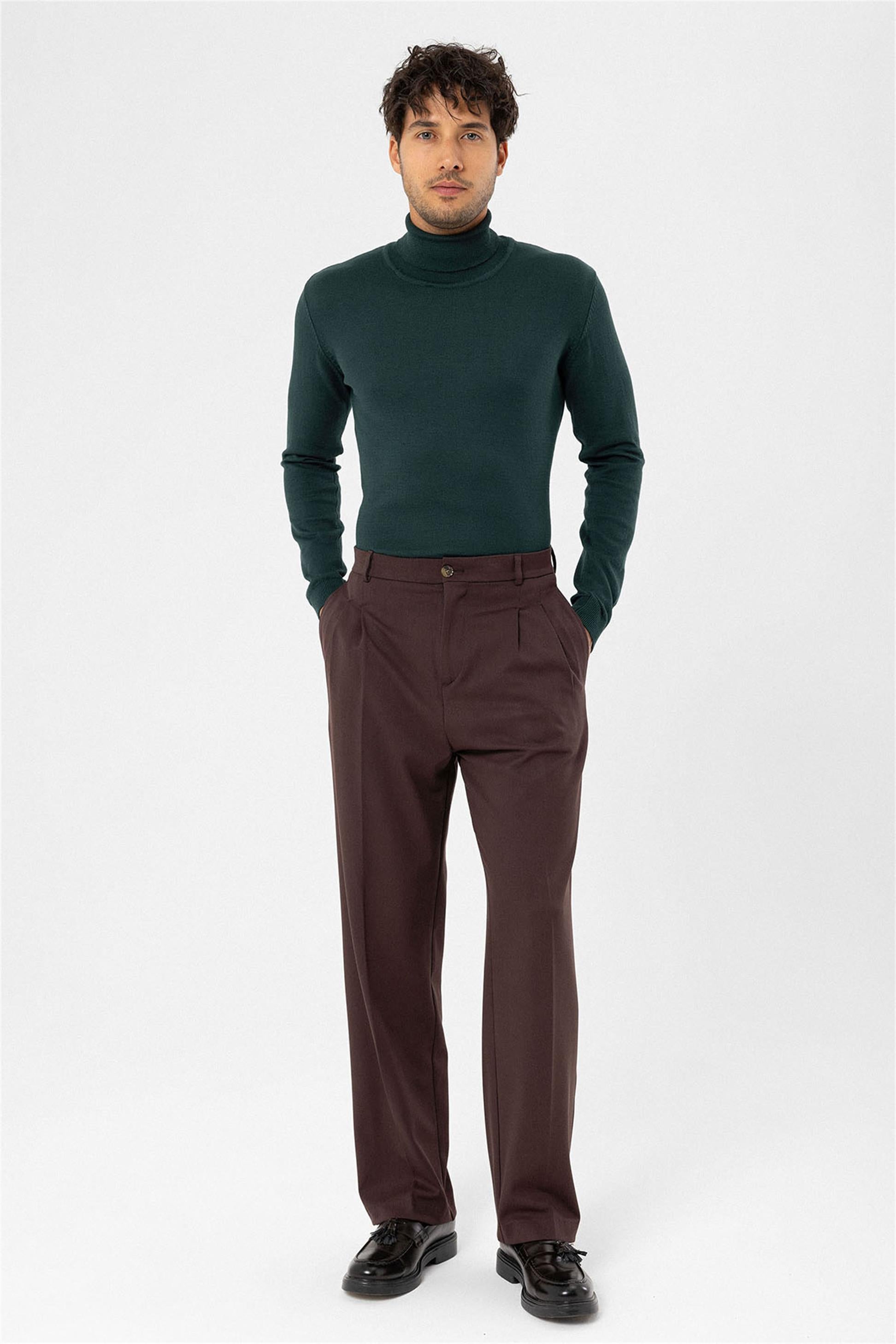 Antioch-Kahve Yüksek Bel Pileli Rahat Kalıp Erkek Pantolon-Pantolon-4-Milagron.com