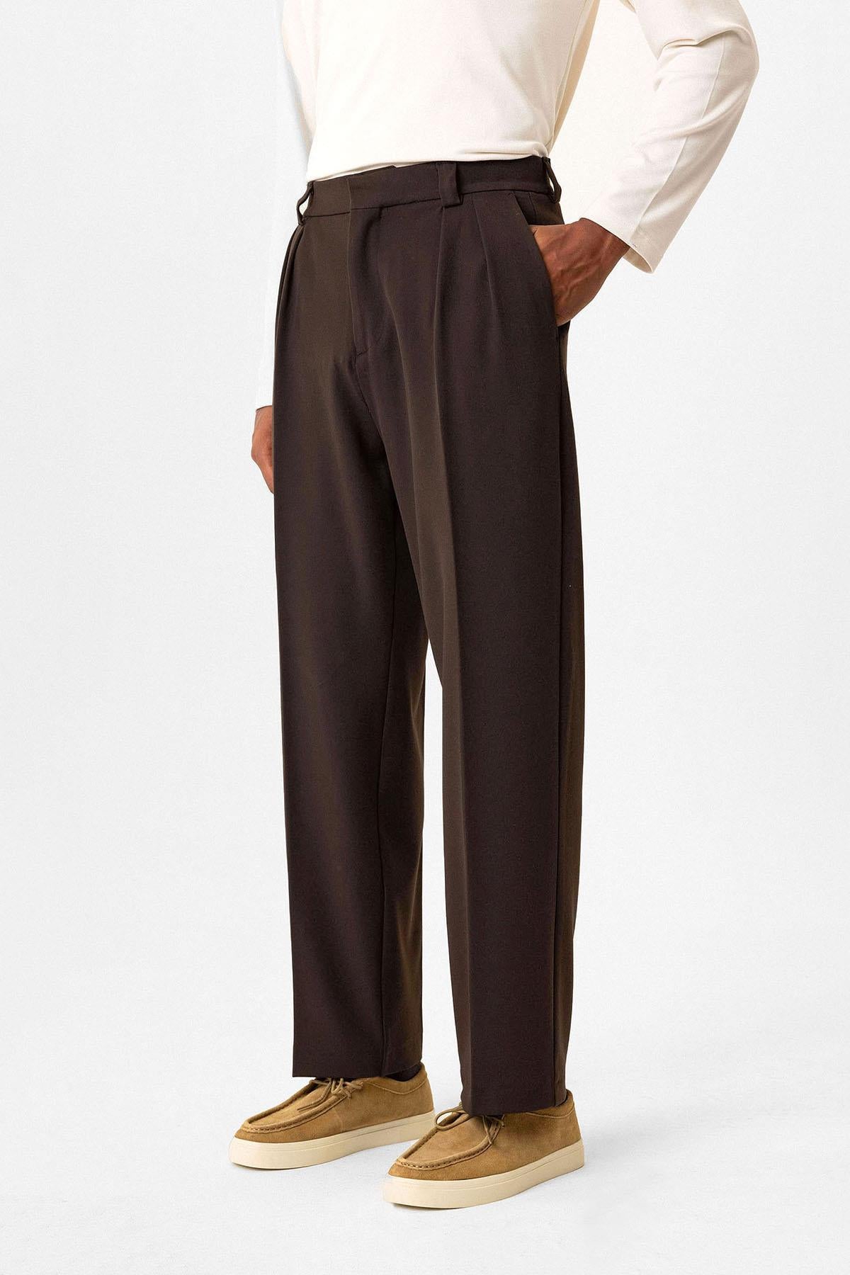 Antioch-Kahve Yüksek Bel Pileli Relaxed Fit Baggy Erkek Pantolon-Kumaş Pantolon-3-Milagron.com