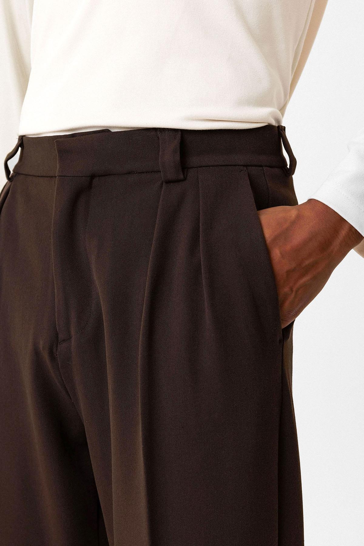 Antioch-Kahve Yüksek Bel Pileli Relaxed Fit Baggy Erkek Pantolon-Kumaş Pantolon-4-Milagron.com