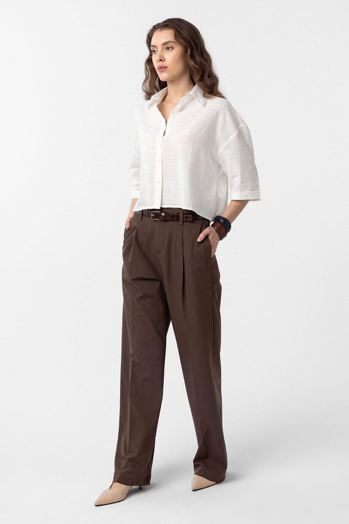 Antioch-Kahve Yüksek Bel Pilili Kadın Pantolon-Kumaş Pantolon-2-Milagron.com