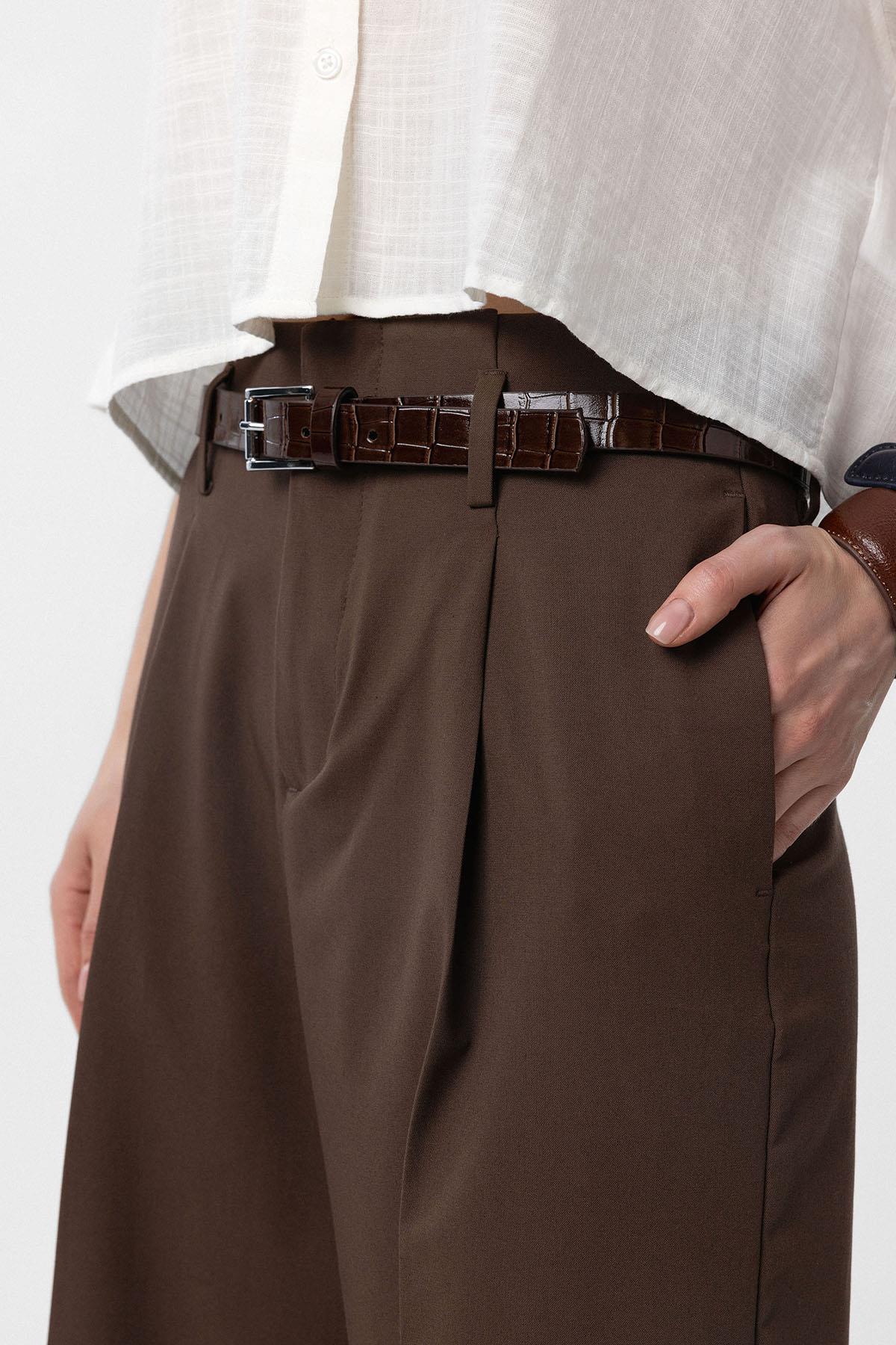 Antioch-Kahve Yüksek Bel Pilili Kadın Pantolon-Kumaş Pantolon-3-Milagron.com