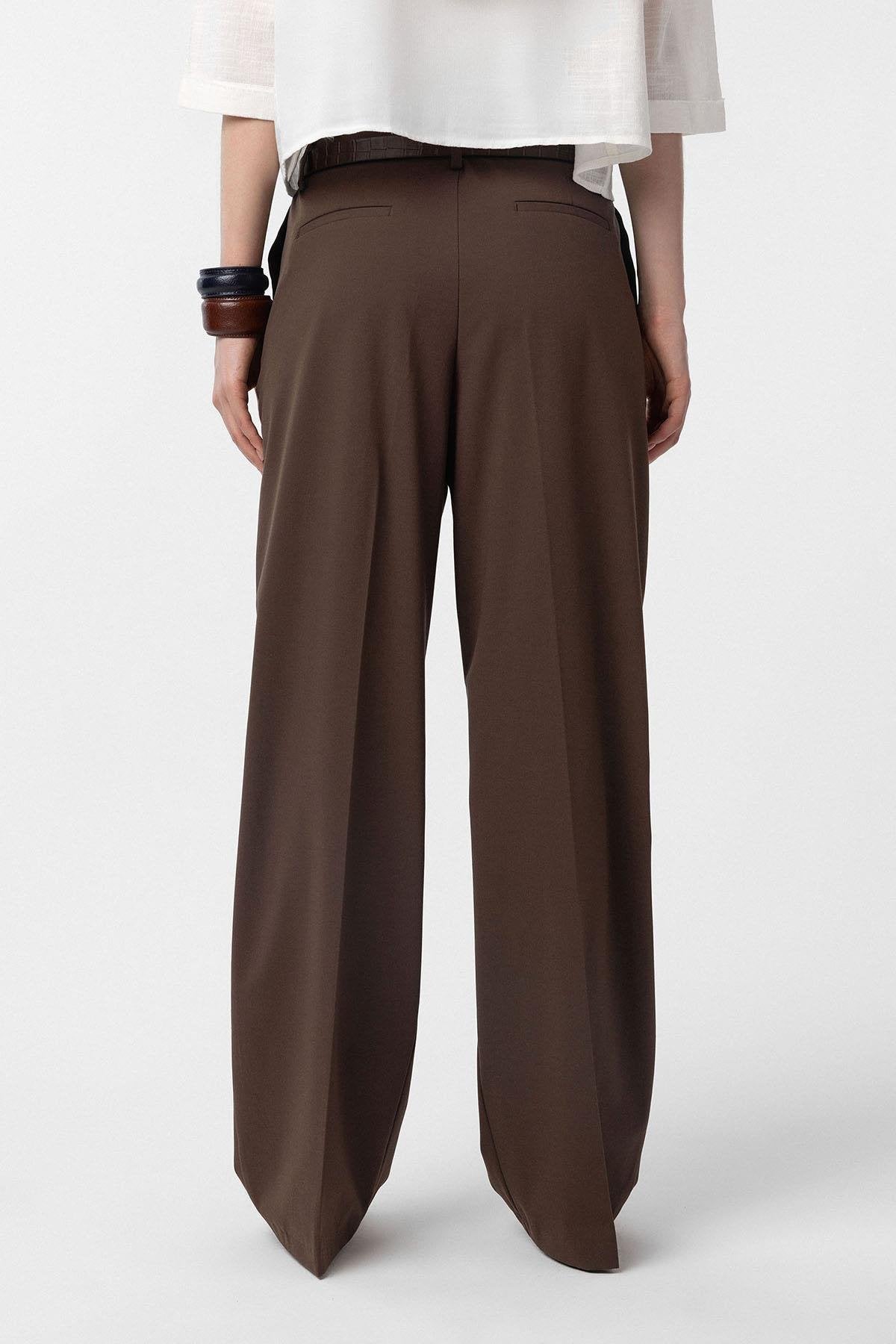 Antioch-Kahve Yüksek Bel Pilili Kadın Pantolon-Kumaş Pantolon-4-Milagron.com