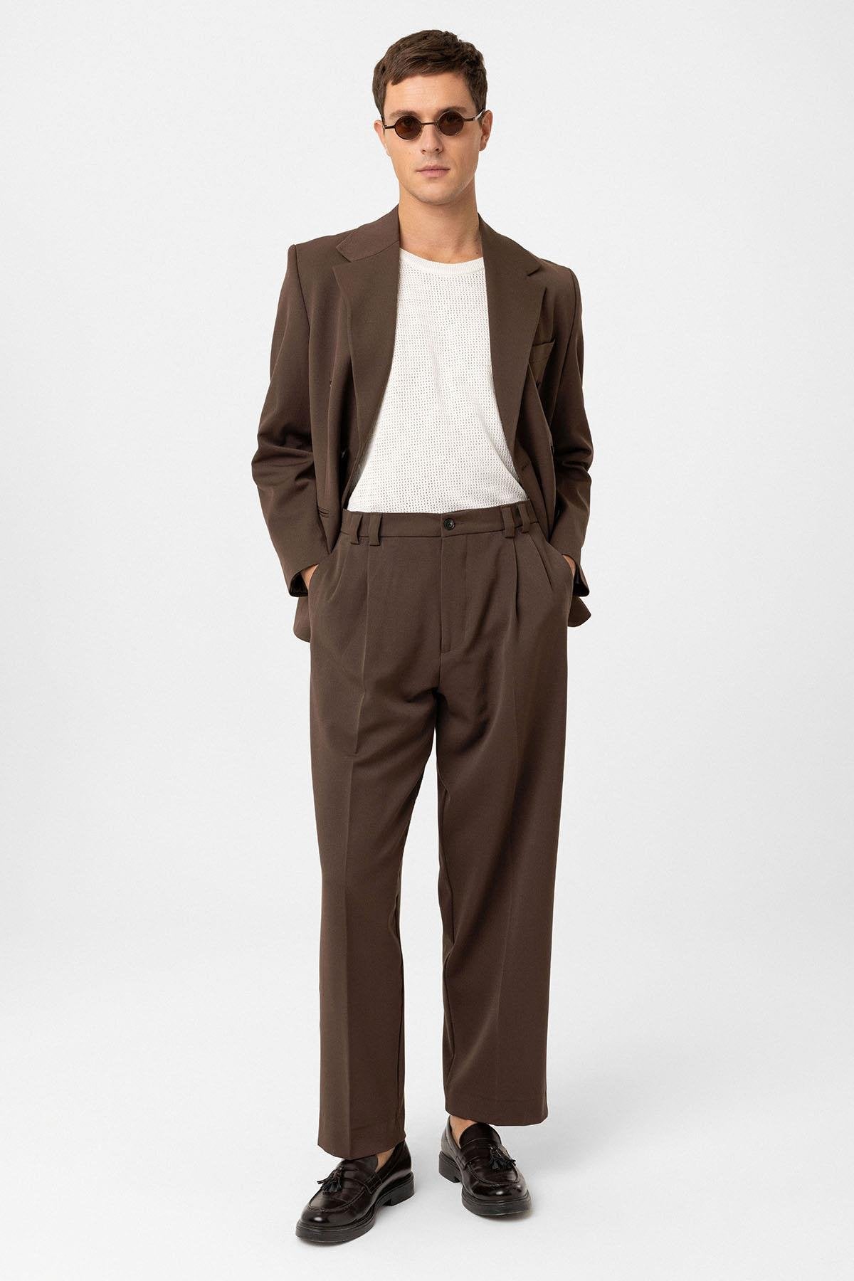 Antioch-Kahve Yüksel Bel Relax Fit Pileli Erkek Pantolon-Kumaş Pantolon-2-Milagron.com