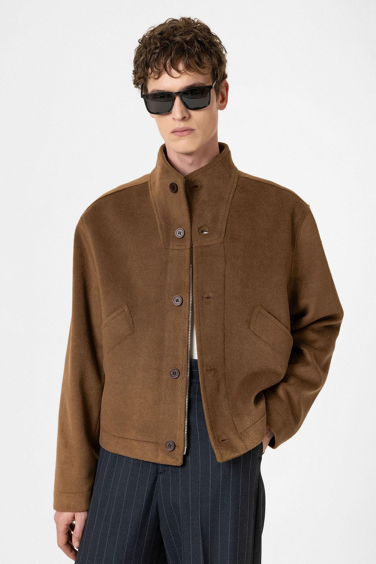 Antioch-Kahve Yün Karışımlı Dik Yaka Erkek Mont-Mont-2-Milagron.com