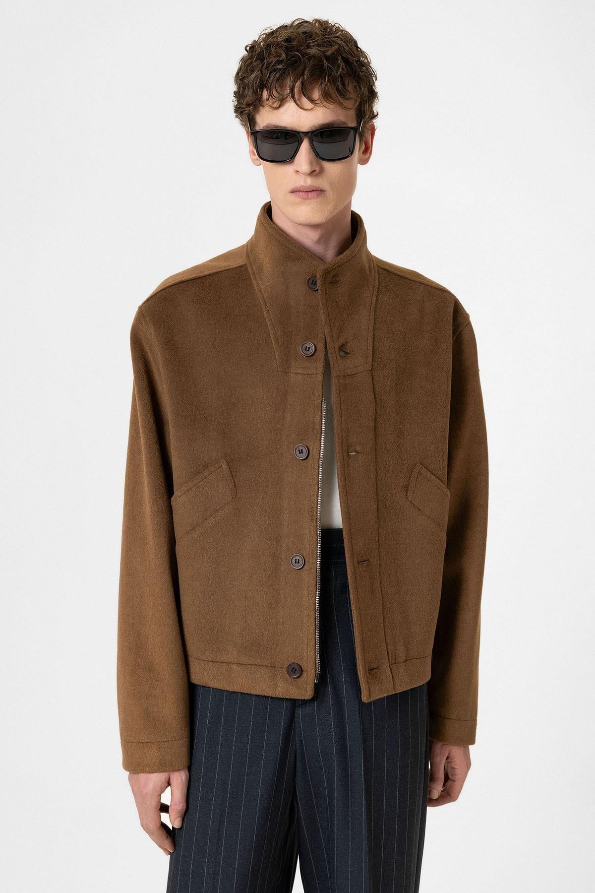 Antioch-Kahve Yün Karışımlı Dik Yaka Erkek Mont-Mont-3-Milagron.com