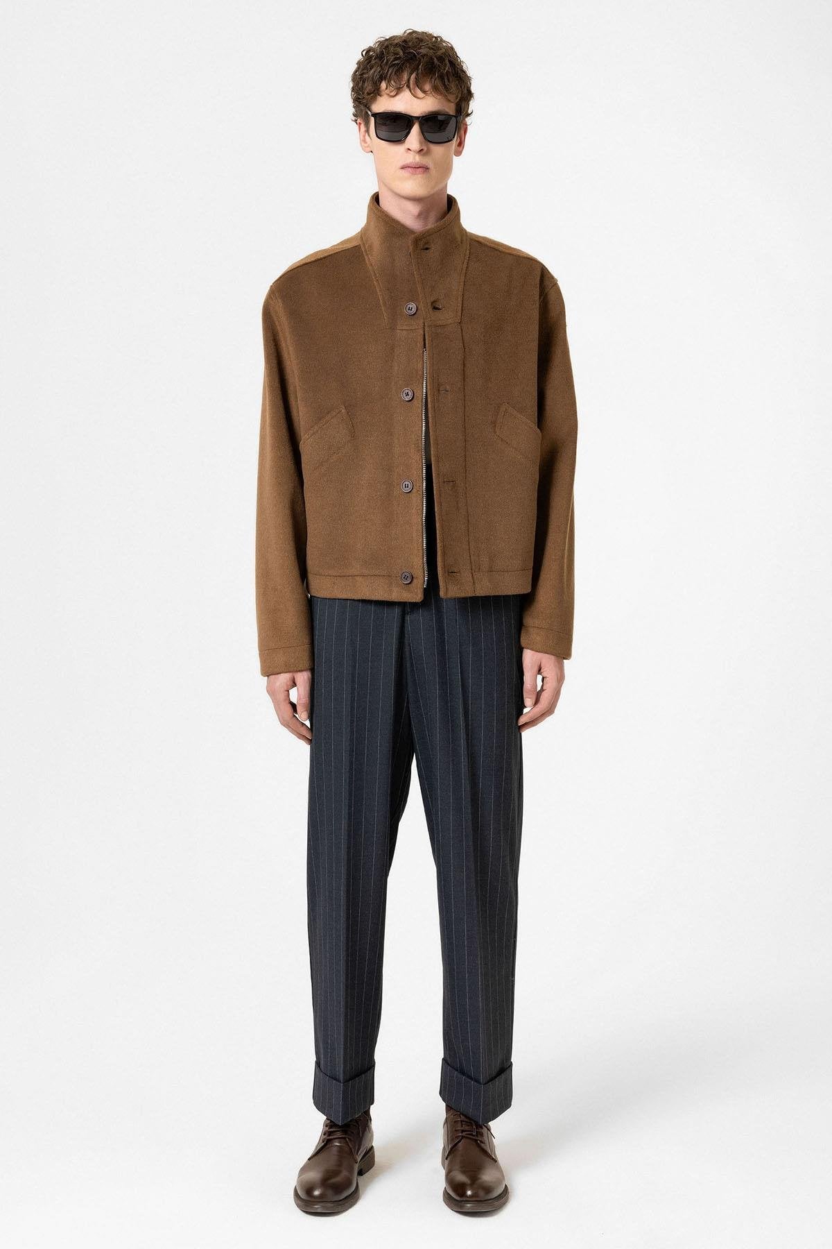 Antioch-Kahve Yün Karışımlı Dik Yaka Erkek Mont-Mont-5-Milagron.com