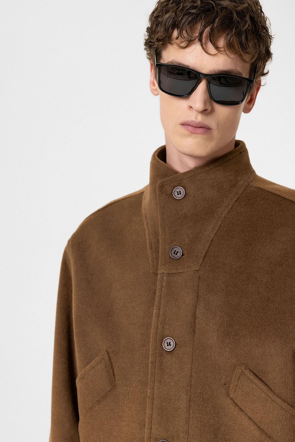 Antioch-Kahve Yün Karışımlı Dik Yaka Erkek Mont-Mont-6-Milagron.com