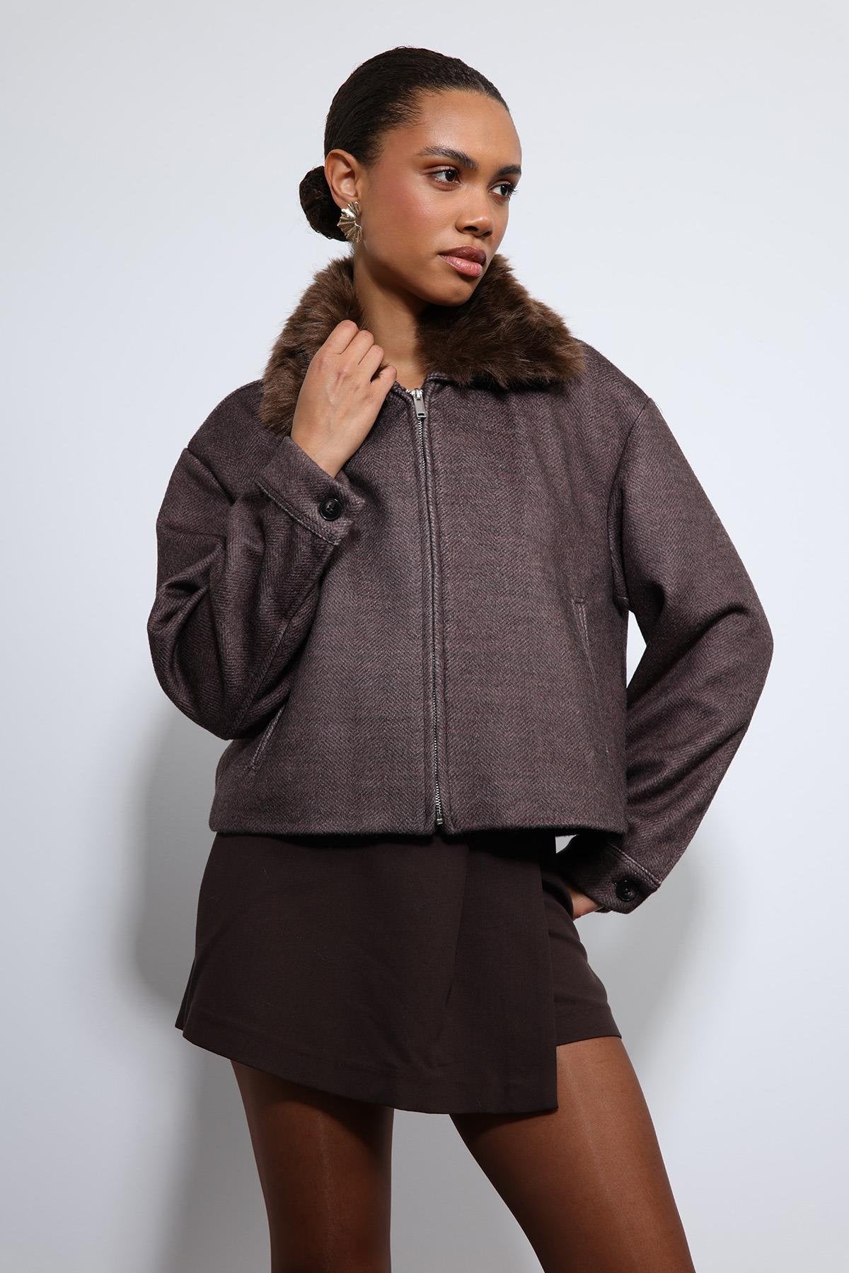 Antioch-Kahve Yün Karışımlı Suni Kürk Yaka Ceket-Ceket-8-Milagron.com