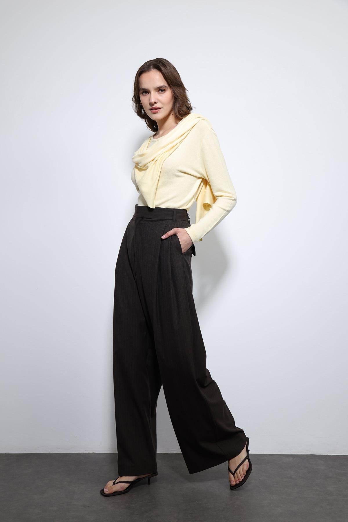 Antioch-Kahve çizgili Geniş Paça Pantolon-Kumaş Pantolon-5-Milagron.com