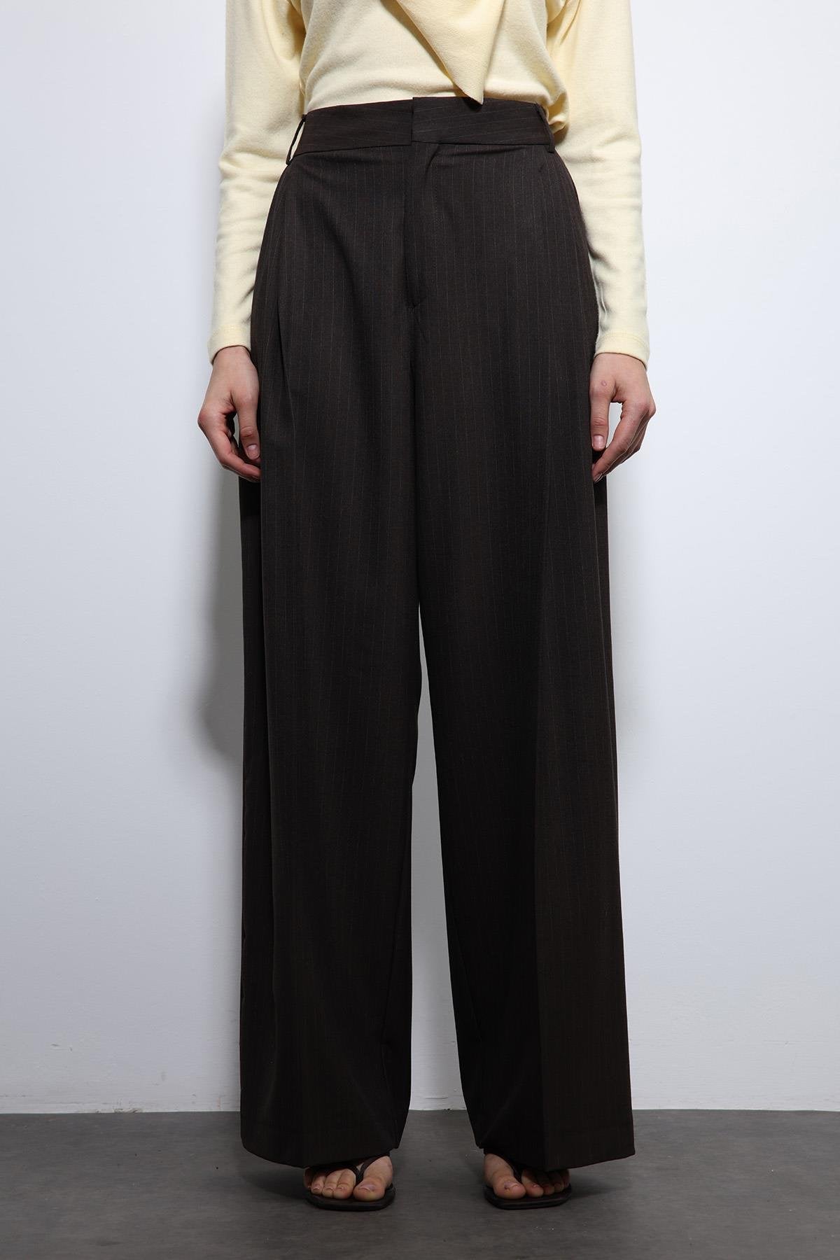 Antioch-Kahve çizgili Geniş Paça Pantolon-Kumaş Pantolon-6-Milagron.com