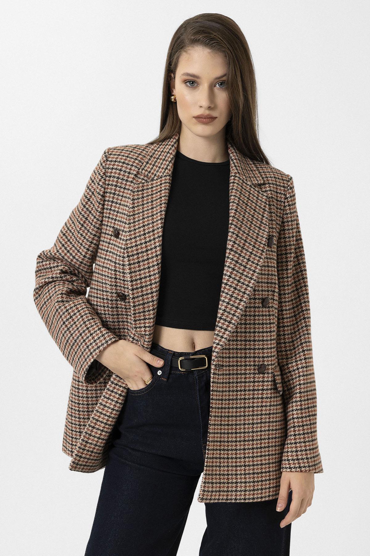 Antioch-Kiremit Kadın Kazayağı Desenli Blazer Ceket-Ceket-3-Milagron.com