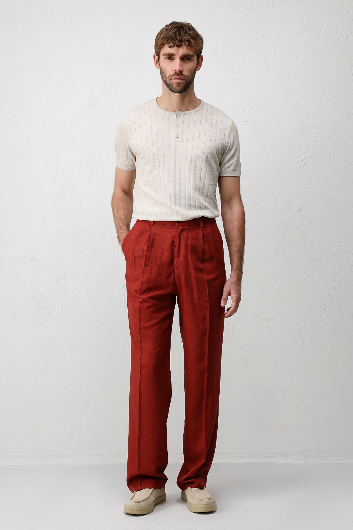 Antioch Kiremit Keten Karışımlı Erkek Baggy Pantolon