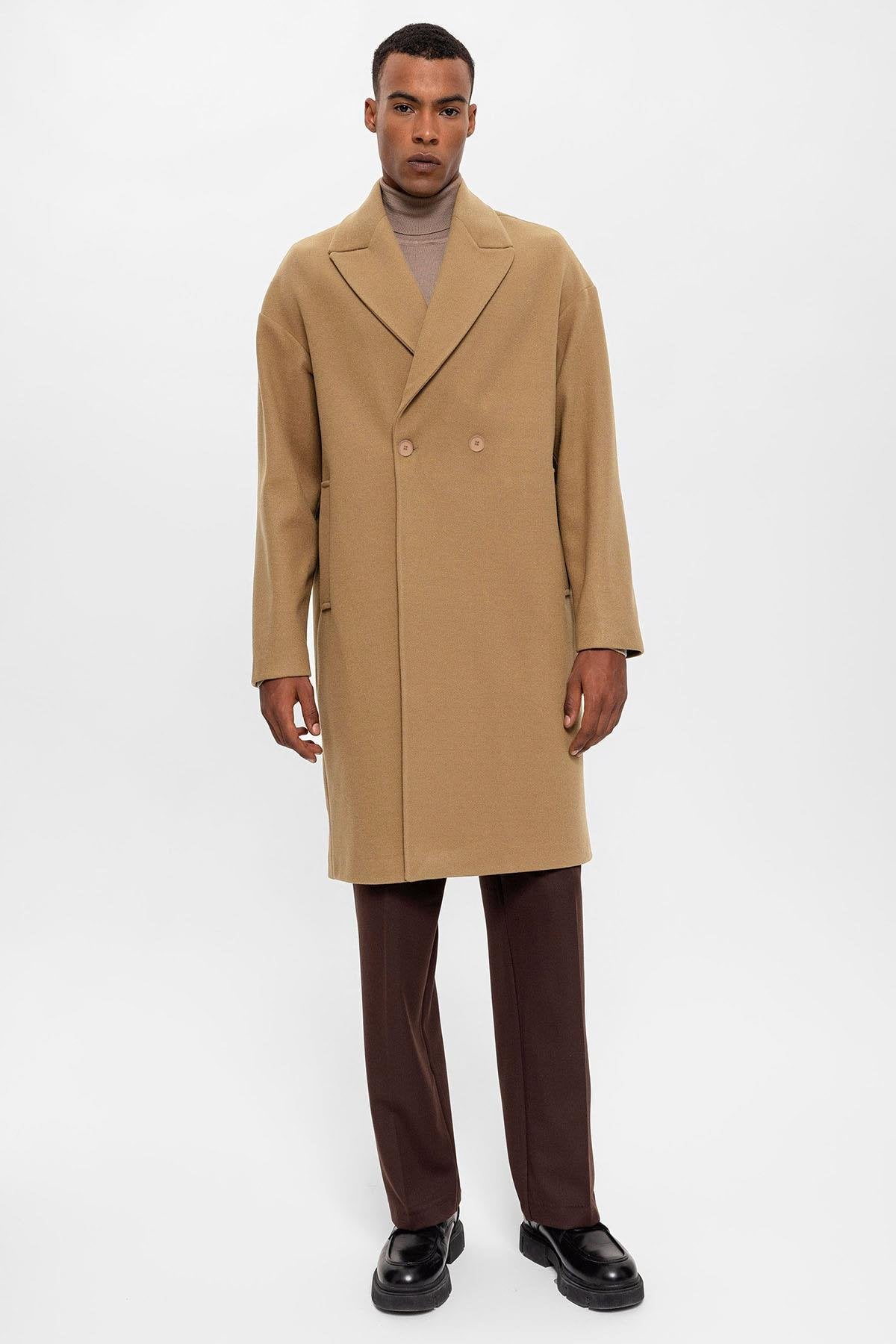 Antioch-Koyu Bej Oversize Kruvaze Erkek Kaban-Kaban-2-Milagron.com