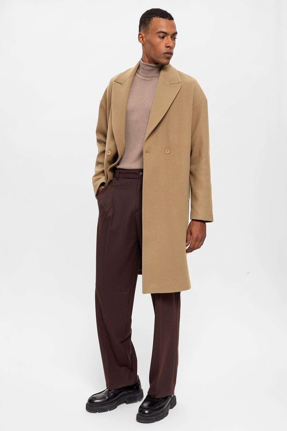 Antioch-Koyu Bej Oversize Kruvaze Erkek Kaban-Kaban-3-Milagron.com