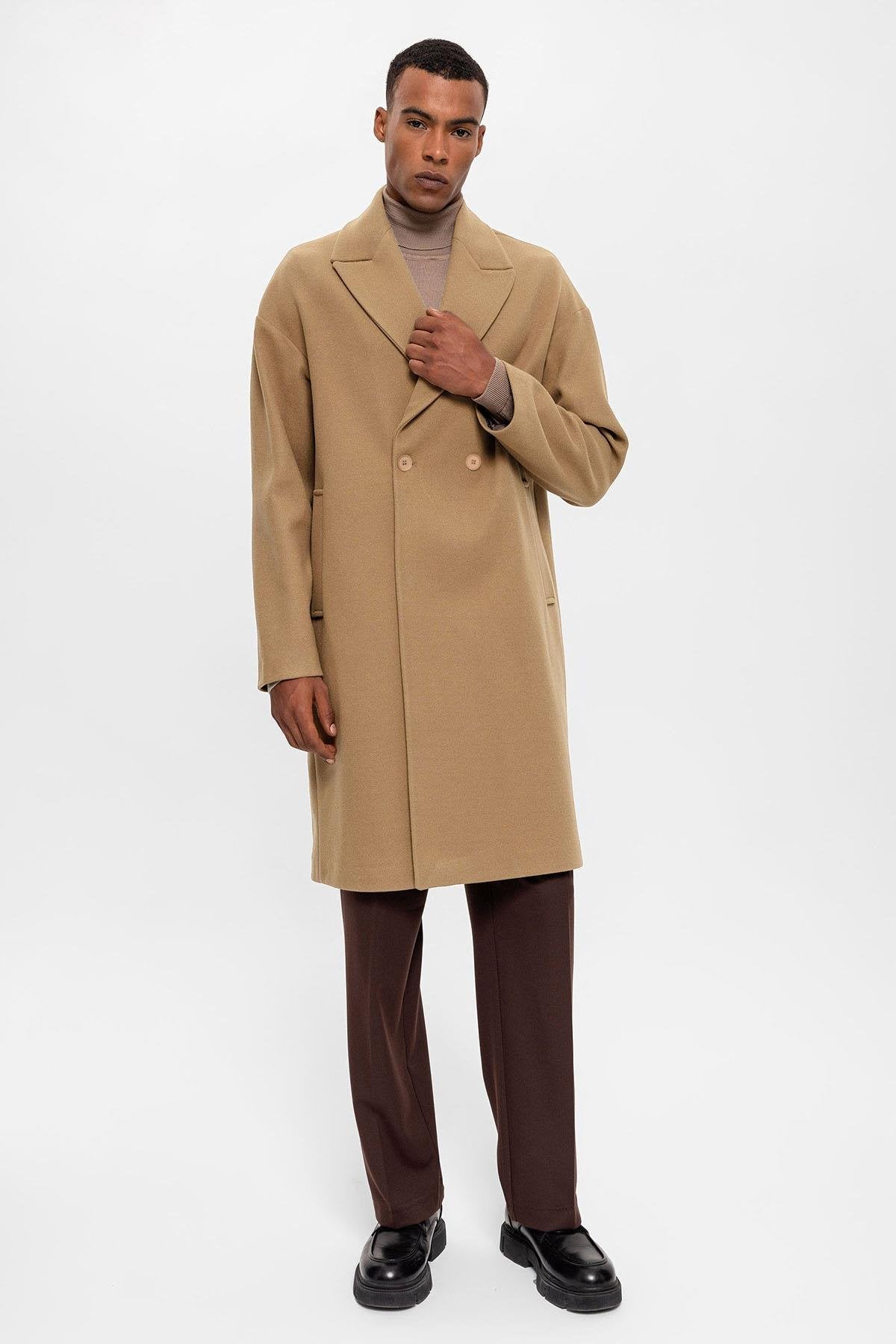 Antioch-Koyu Bej Oversize Kruvaze Erkek Kaban-Kaban-4-Milagron.com