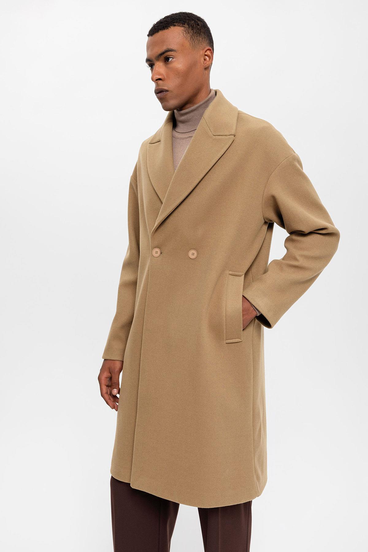 Antioch-Koyu Bej Oversize Kruvaze Erkek Kaban-Kaban-6-Milagron.com