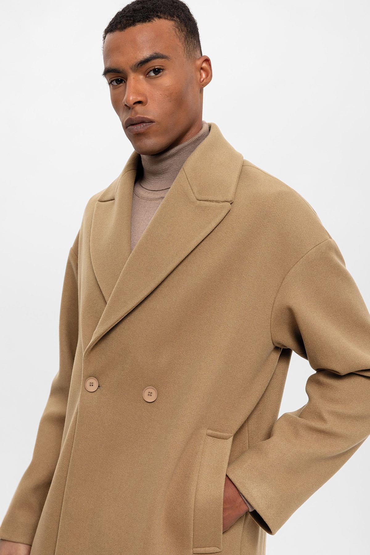 Antioch-Koyu Bej Oversize Kruvaze Erkek Kaban-Kaban-7-Milagron.com