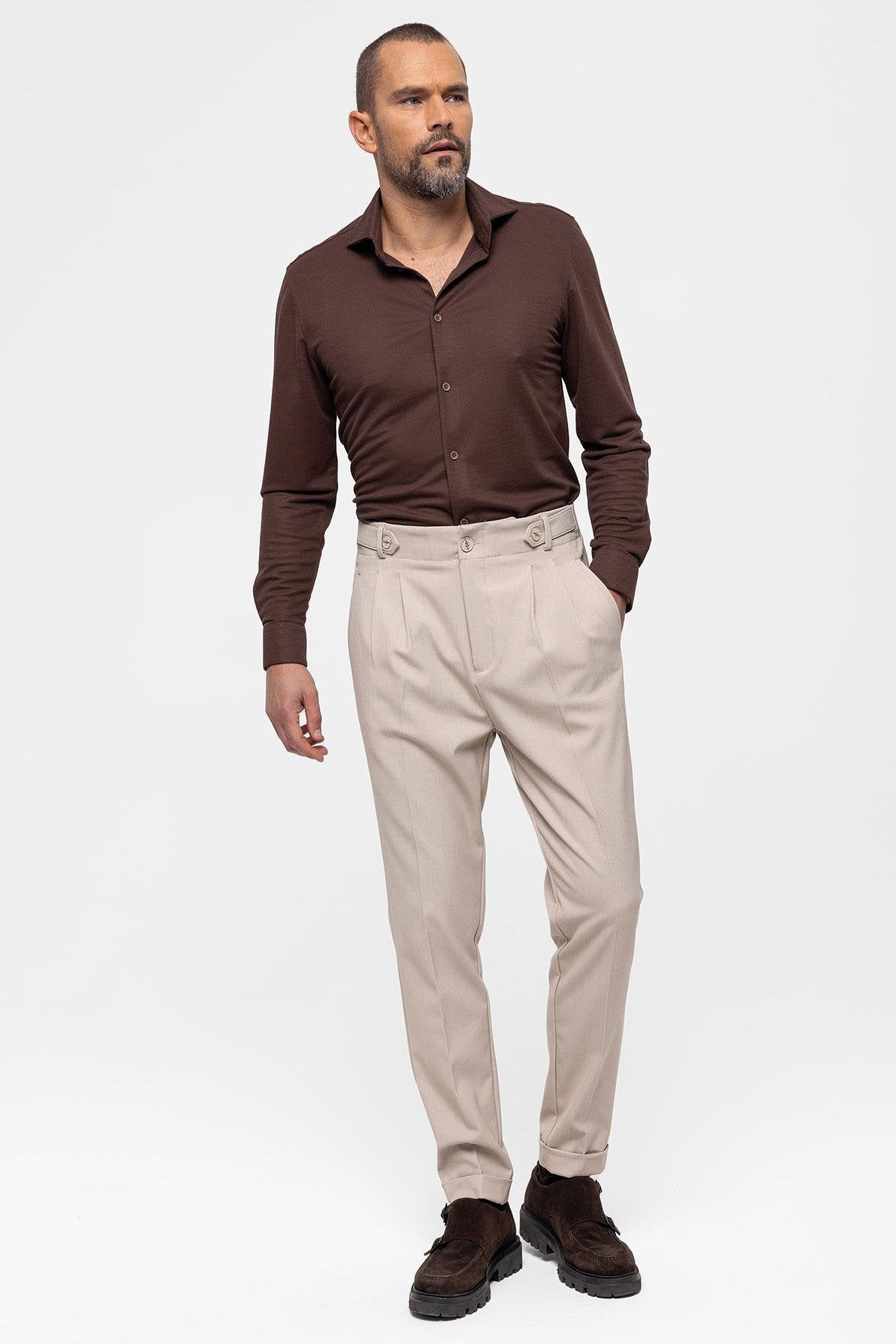 Antioch-Koyu Bej Yüksek Bel Boyfriend Pileli Kumaş Pantolon-Pantolon-1-Milagron.com