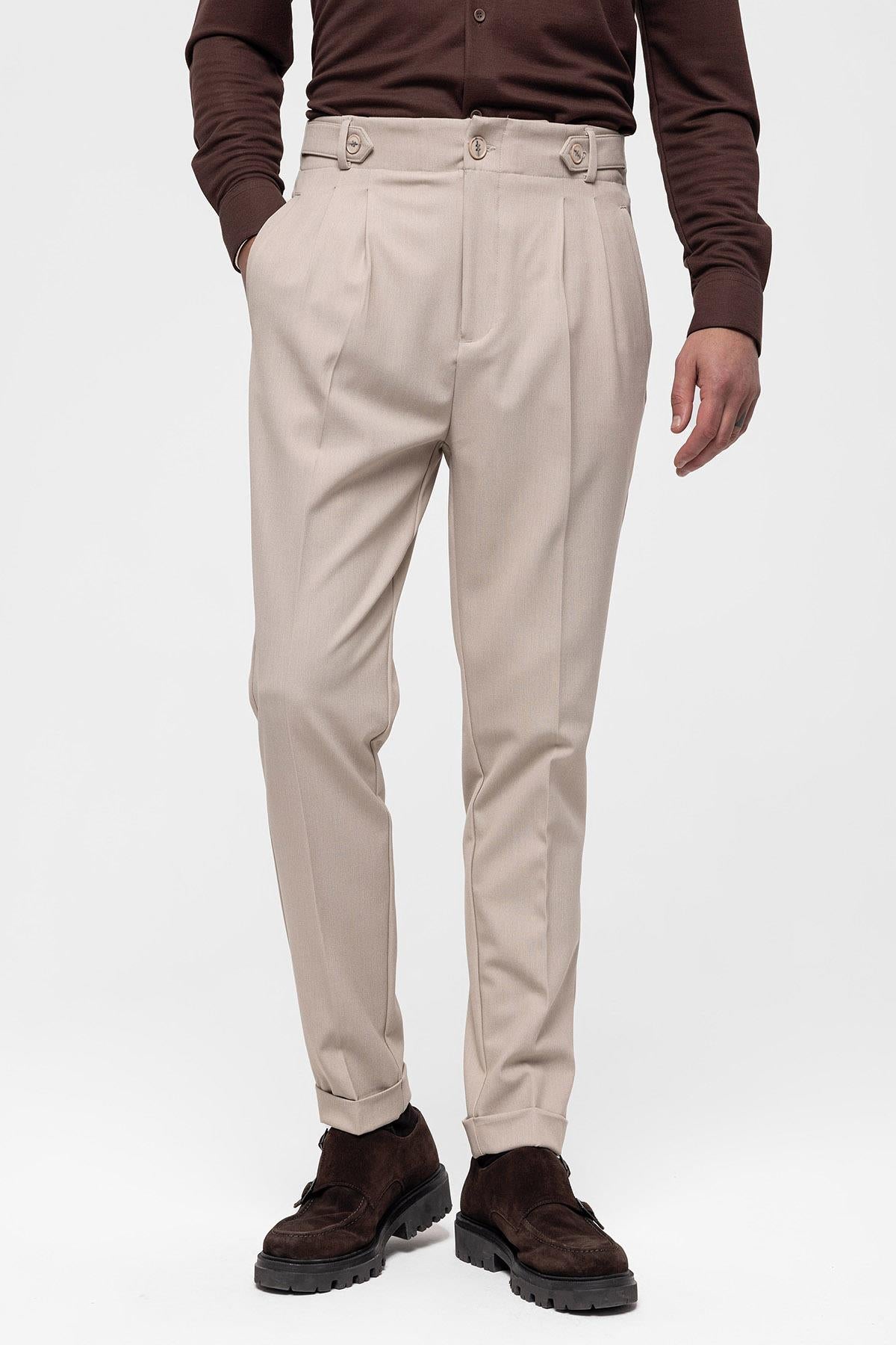 Antioch-Koyu Bej Yüksek Bel Boyfriend Pileli Kumaş Pantolon-Pantolon-2-Milagron.com