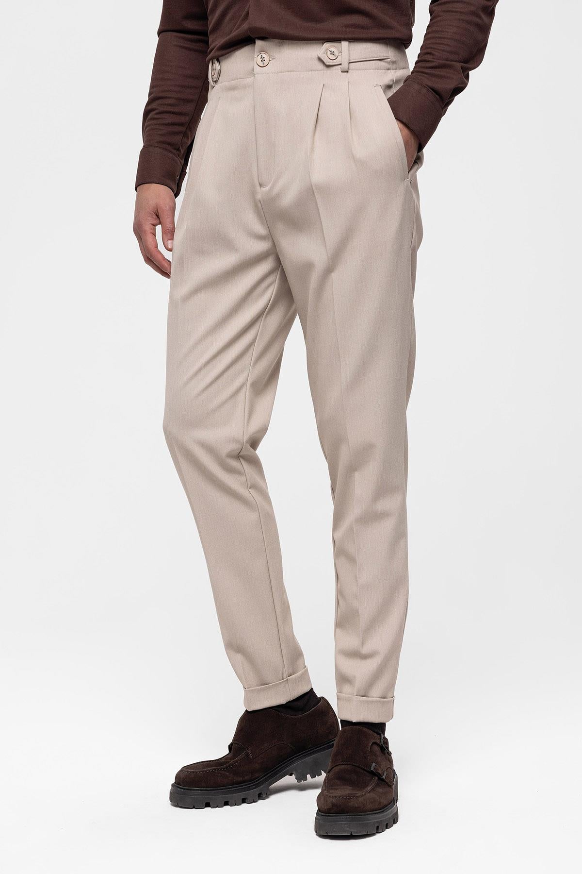 Antioch-Koyu Bej Yüksek Bel Boyfriend Pileli Kumaş Pantolon-Pantolon-3-Milagron.com