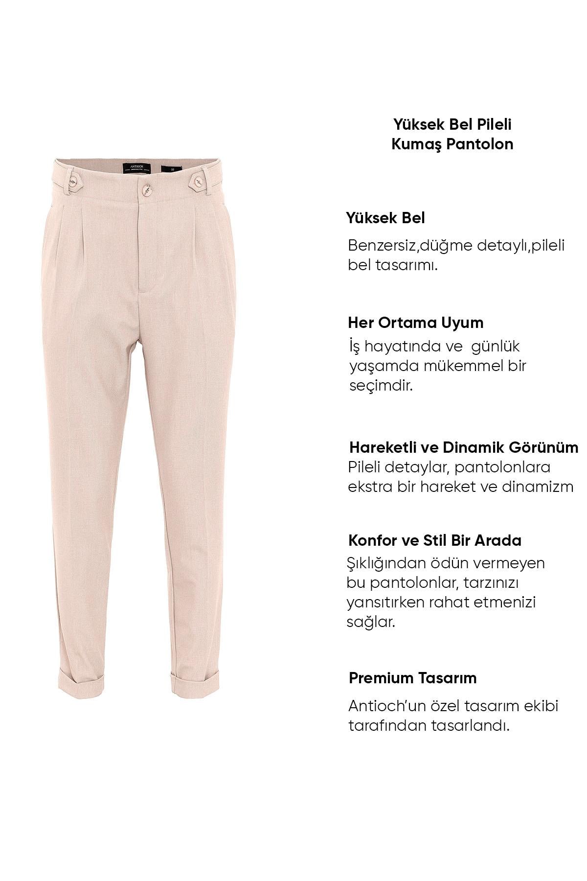 Antioch-Koyu Bej Yüksek Bel Boyfriend Pileli Kumaş Pantolon-Pantolon-4-Milagron.com