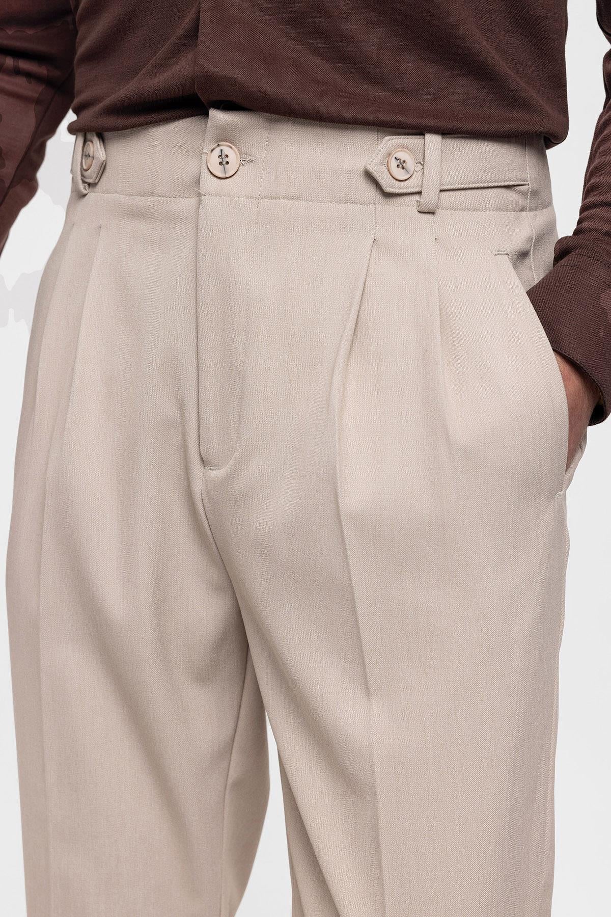 Antioch-Koyu Bej Yüksek Bel Boyfriend Pileli Kumaş Pantolon-Pantolon-5-Milagron.com