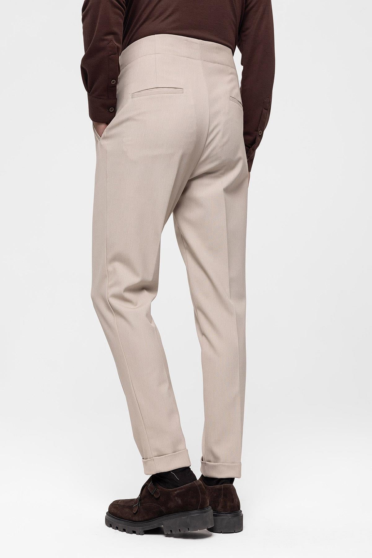 Antioch-Koyu Bej Yüksek Bel Boyfriend Pileli Kumaş Pantolon-Pantolon-6-Milagron.com