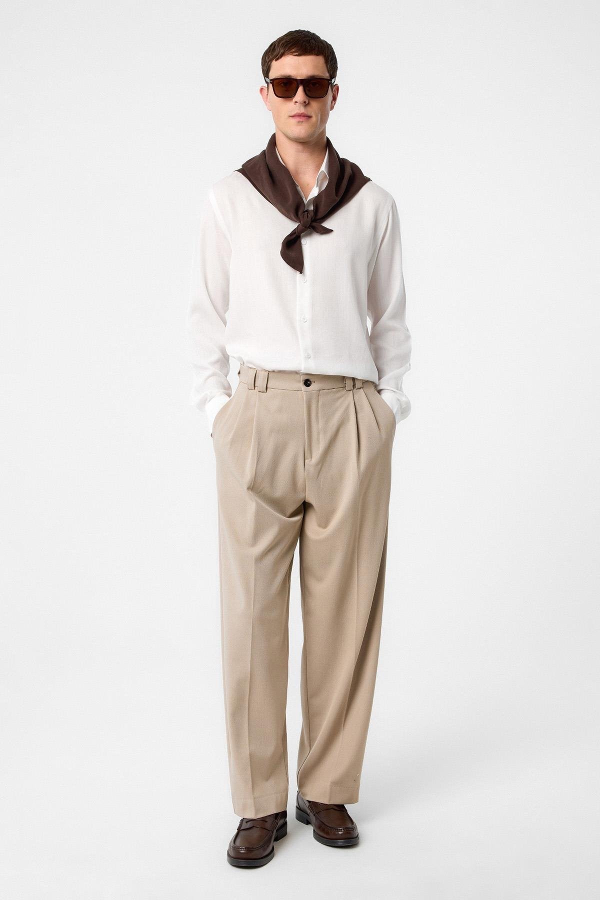 Antioch-Koyu Bej Yüksel Bel Relax Fit Pileli Erkek Pantolon-Kumaş Pantolon-2-Milagron.com