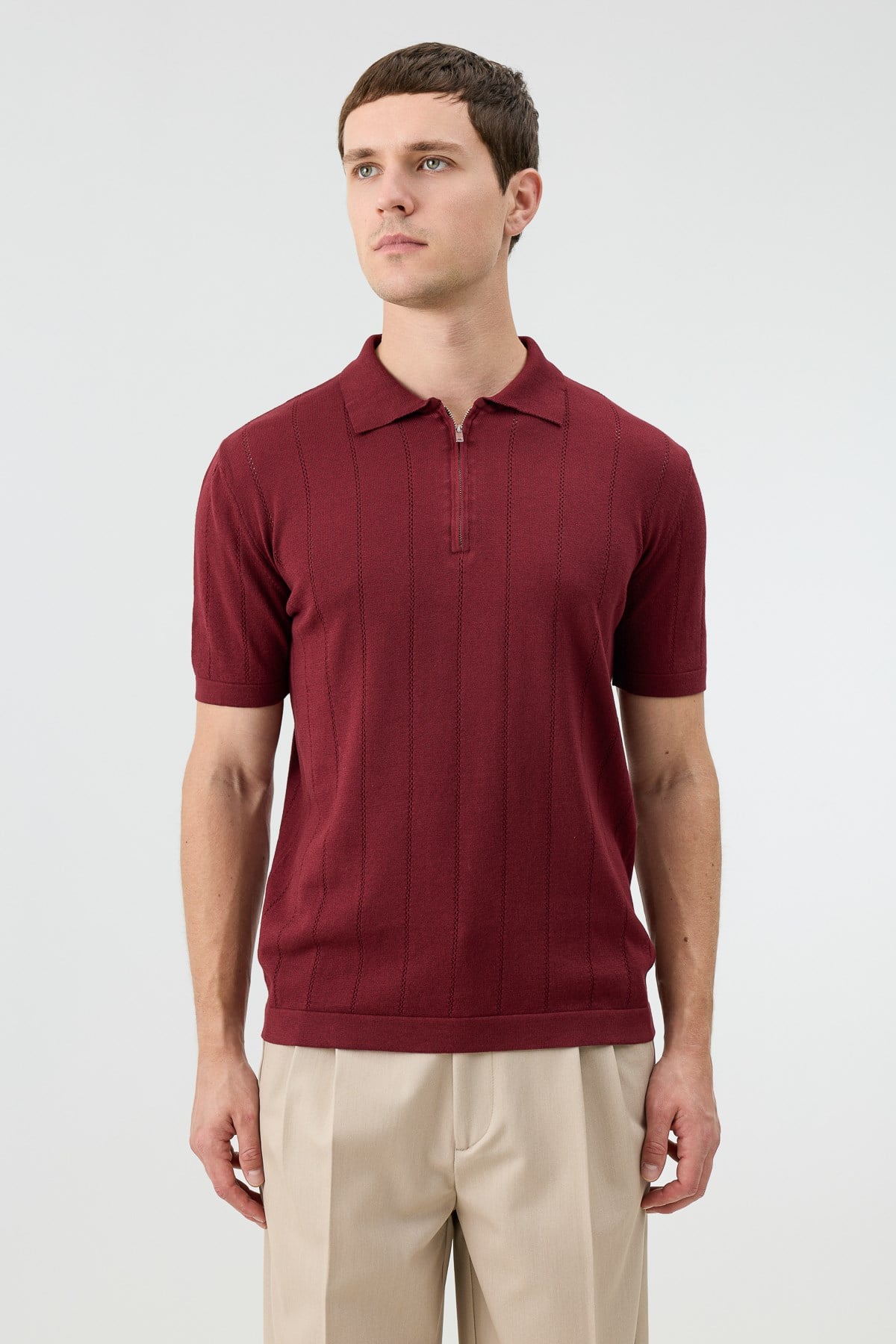 Antioch Koyu Bordo Fermuar Yaka Çizgili Triko Erkek T-Shirt